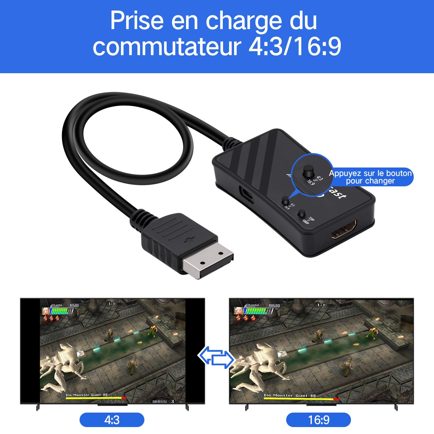 Mcbazel Adaptateur Sega Dreamcast vers HDMI, Accessoires de Jeux Vidéo Convertisseur HDMI Câble D'interface Multimédia HD pour Console Sega Dreamcast