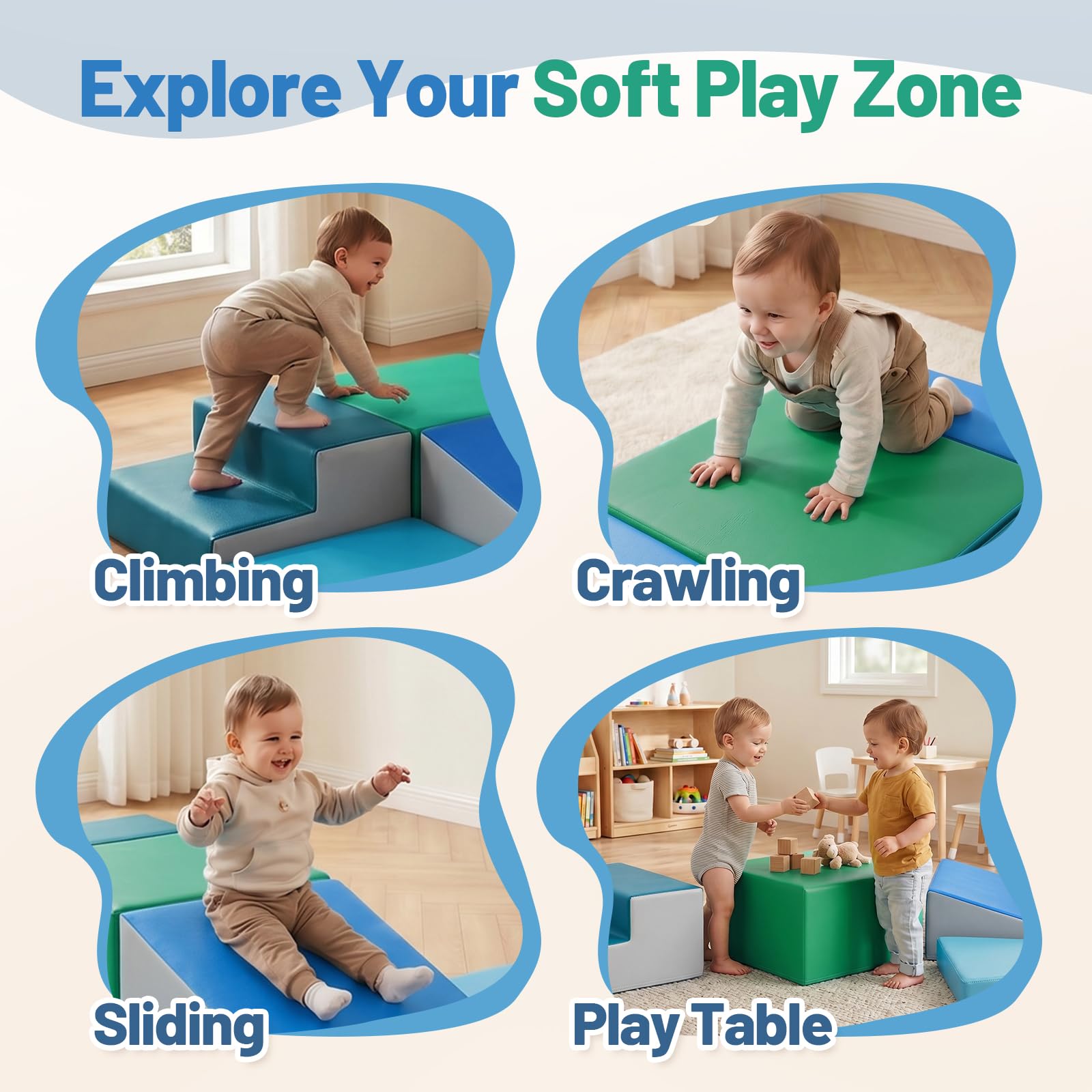 Wilwolfer Blocchi per Bambini in Schiuma Set: 6 Pezzi Pelle PU Set da Gioco Blocchi Morbidi per Bambini - Doppia Scala Percorso a Ostacoli per Infanzia per Soggiorno Cameretta e Asilo Nido