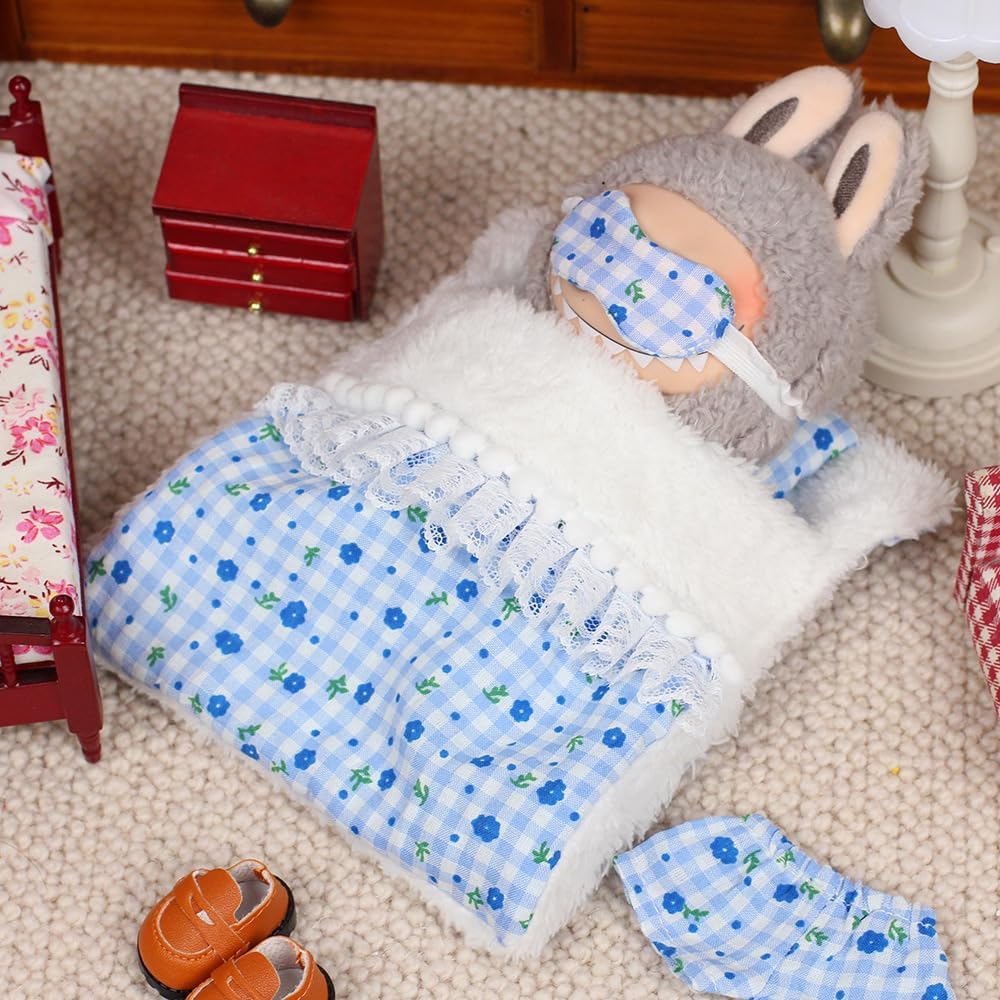 for 17cm Macaron labubu Doll Clothes Good Night Bedding Set Blanket Sheet and Pillow Pajamas Set Cozy Little Home Gifts for People (Pajamas Blue (No Bed))