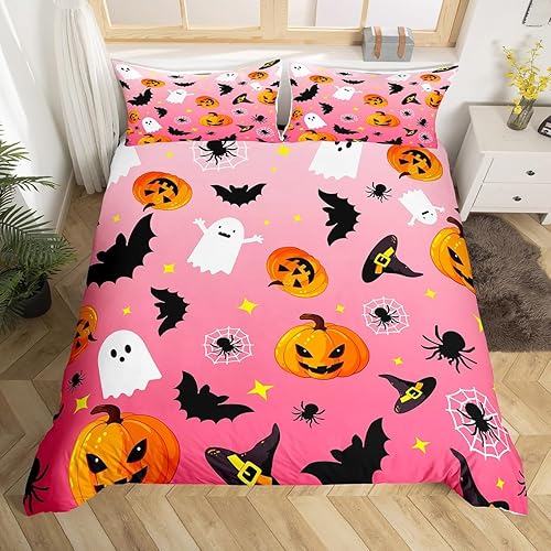 Miniatura 10 de Manfei Juego de funda de edredón de Halloween, tamaño matrimonial, con temática de galaxia, calabaza, farol, fantasmas, con 2 fundas de almohada,