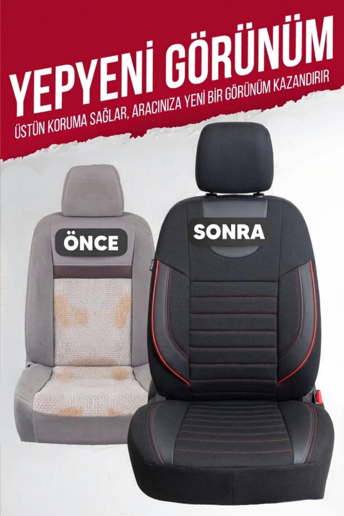 Nemrut Serisi Lakost Kumaş Universal Oto Koltuk Kılıfı Tam Set (Siyah Kırmızı)