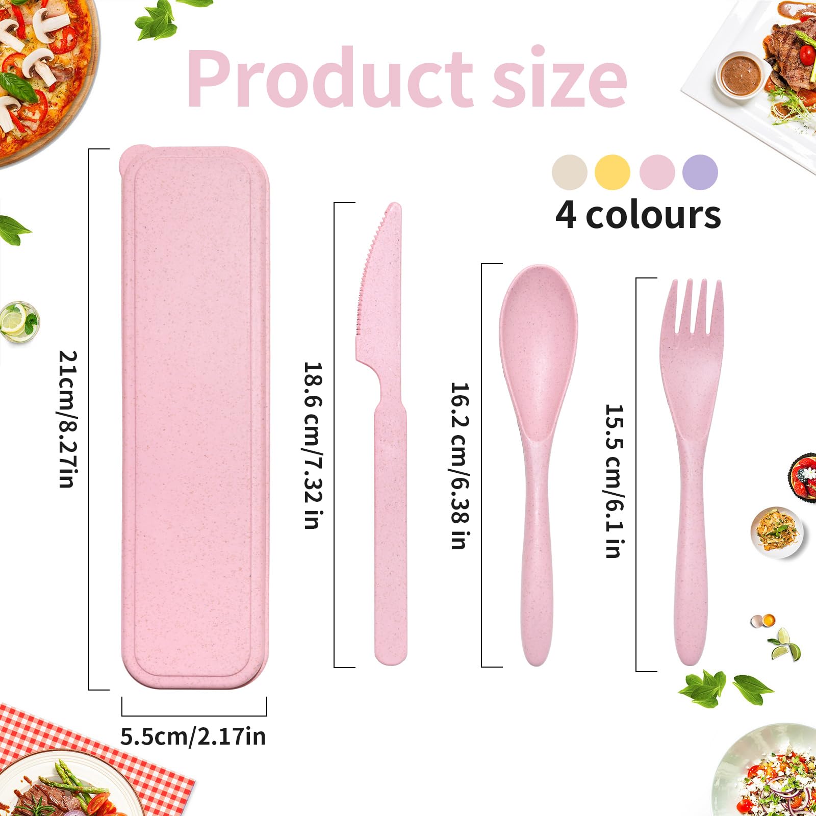 Zestaw 4 plastikowych sztućców, wielokrotnego użytku z etui, sztućce kempingowe z łyżką, nożem, widelcem, przenośne przybory do pudełka na lunch, zestaw sztućców z tworzywa sztucznego na podróż