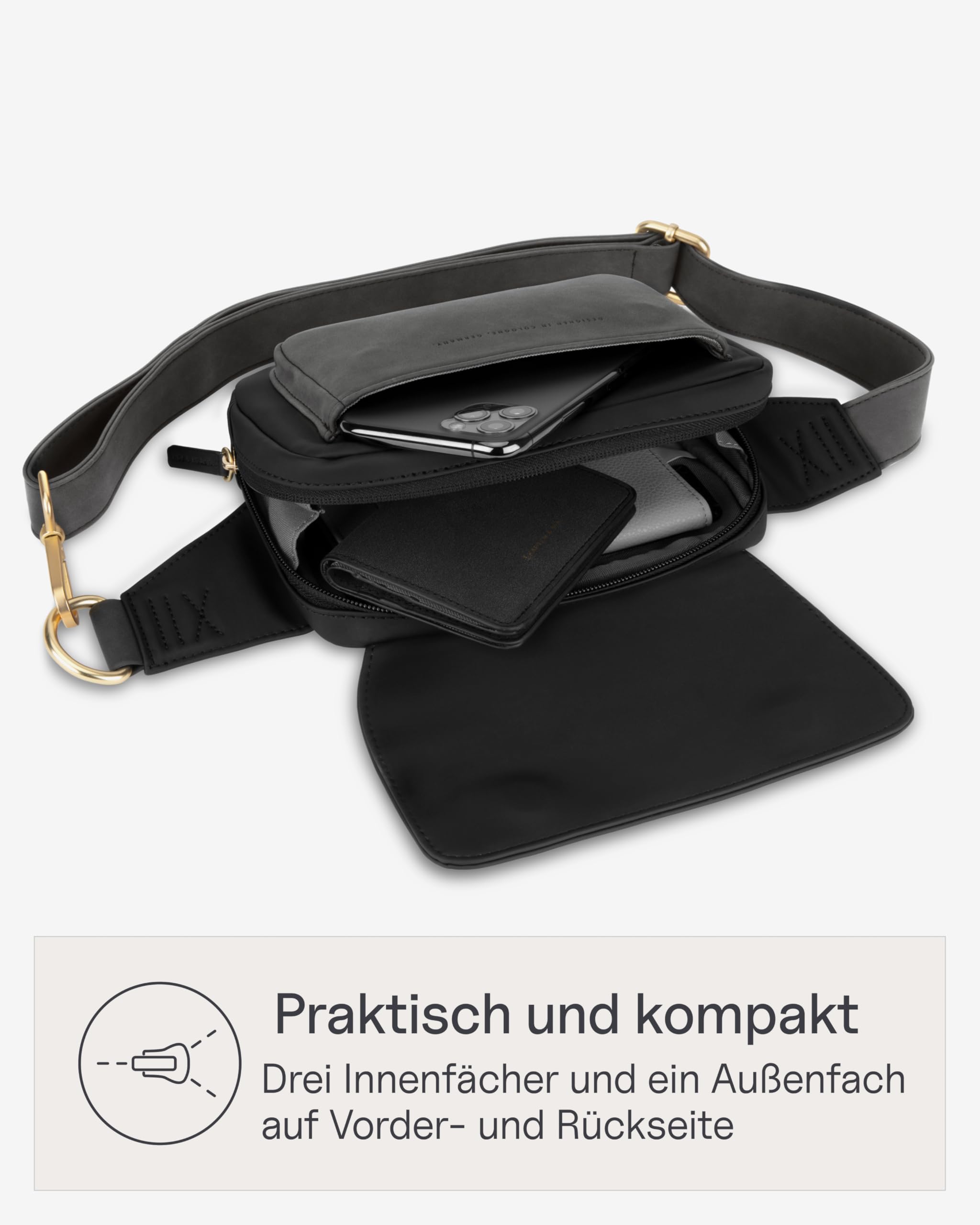 Kapten & Son Bauchtasche Damen Schwarz Visby 1,2 L | Umhängetasche Damen | Innen- & Außenfach mit Reißverschluss | Crossbody Bag | längenverstellbarer Gurt | ideal für Reisen, Alltag, City