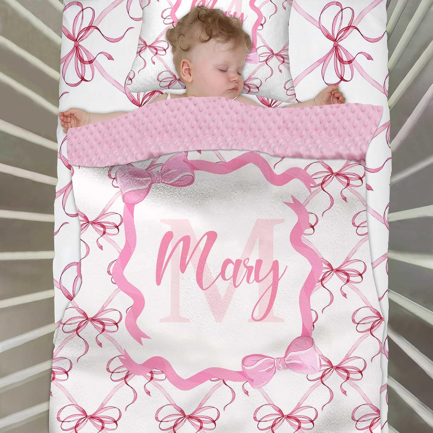 Custom Baby Crib Bedding Sets for Girls, Personalized 3 Piece Pink Bow Baby Sets, Dotted Backing Blanket, Fitted Sheet, Nursery Bedding Set for Newborn Toddler Infant