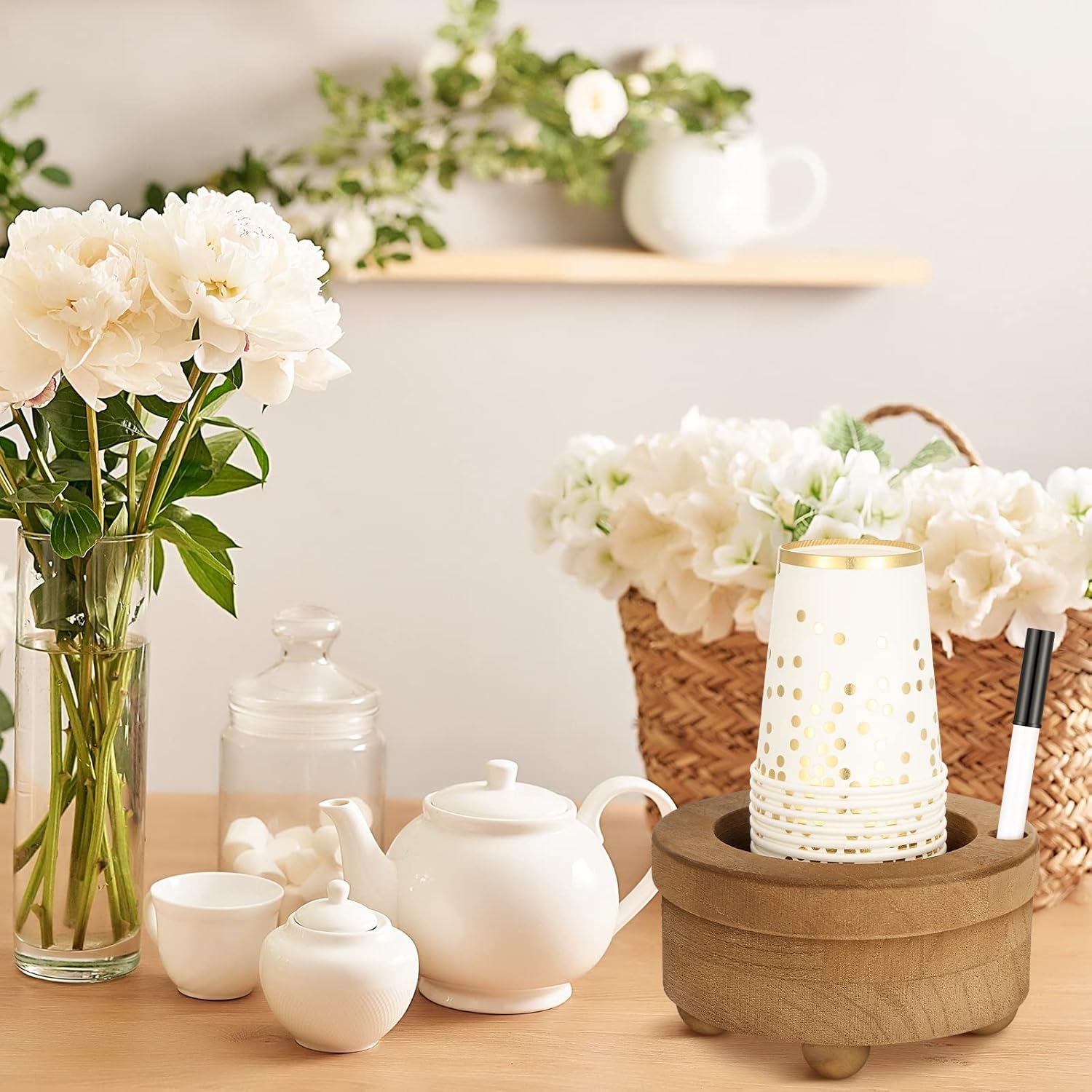 2 Pcs Wooden Cup Holder with Marker Slot Brown Cup Holder Dispenser Disposable Mug Dispenser for Party Decoration Bathroom Kitchen Showers Picnic Housewarming Couples Gift (Classic Style)