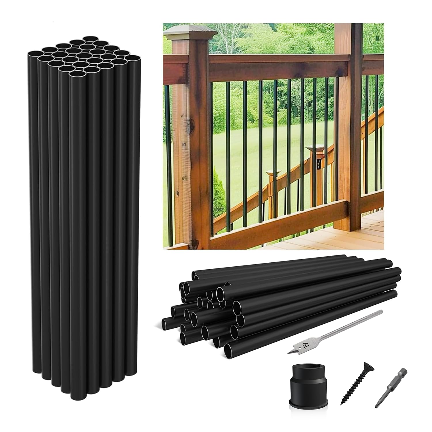 50-Pack 36"x3/4" Aluminum Deck Balusters Hollow Round Deck Railing Spindles Matte Coated Black for Wood and Composite Deck Indoor Outdoor