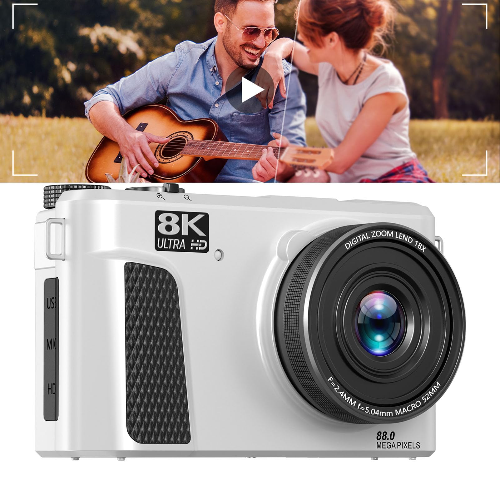 Aparat Cyfrowy 8K 88 MP Kamera z 18-krotnym Zoomem Kamera z 18-krotnym Zoomem Cyfrowym Autofokusem 18x Wi-Fi do Vlogowania 3-calowy Ekran klapką Filtry światła (Biały)