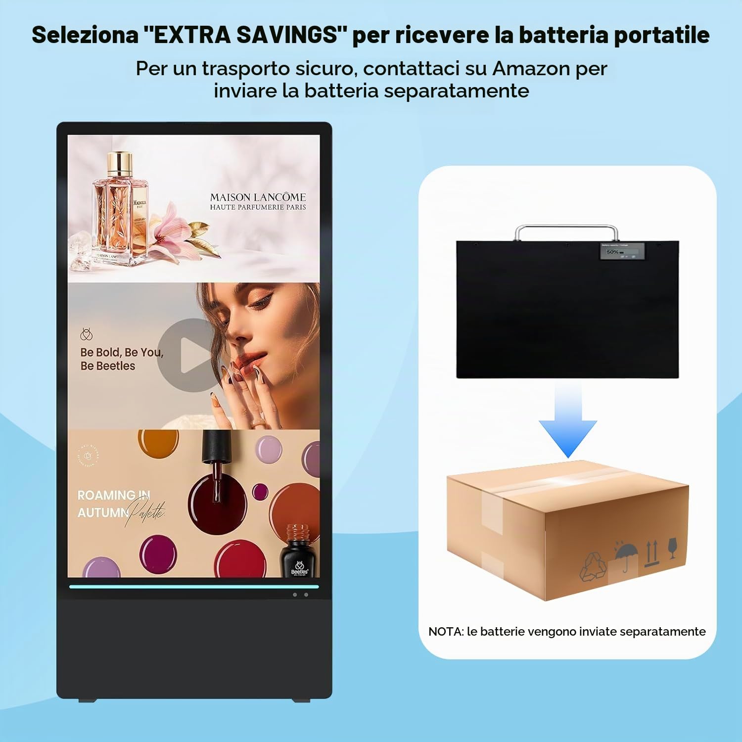 YCKJNC Totem Pubblicitario Digitale da Esterno 43", Schermo Pubblicitario Alta Luminosità 2000 Nits con Batteria 10h, Stop-Trottoir Impermeabile IP65 per Ristorazione