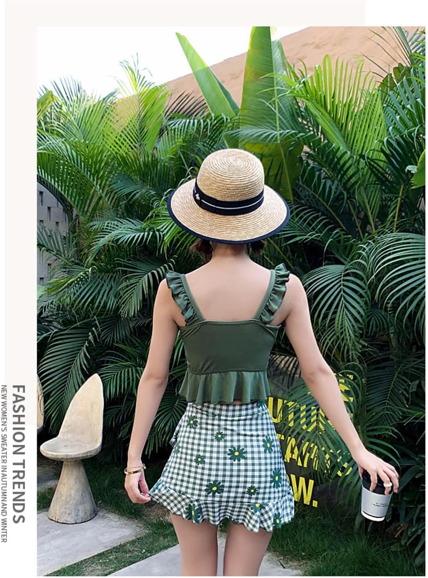 [Lhyxuuk] 水着 レディース ビキニ ビスチェ風 花柄 チェック スカート 2点セット 学生 水着 女子 中学生 高校生 みずぎ ハイウエスト フレア フリル スカート ノンワイヤー パッド付き