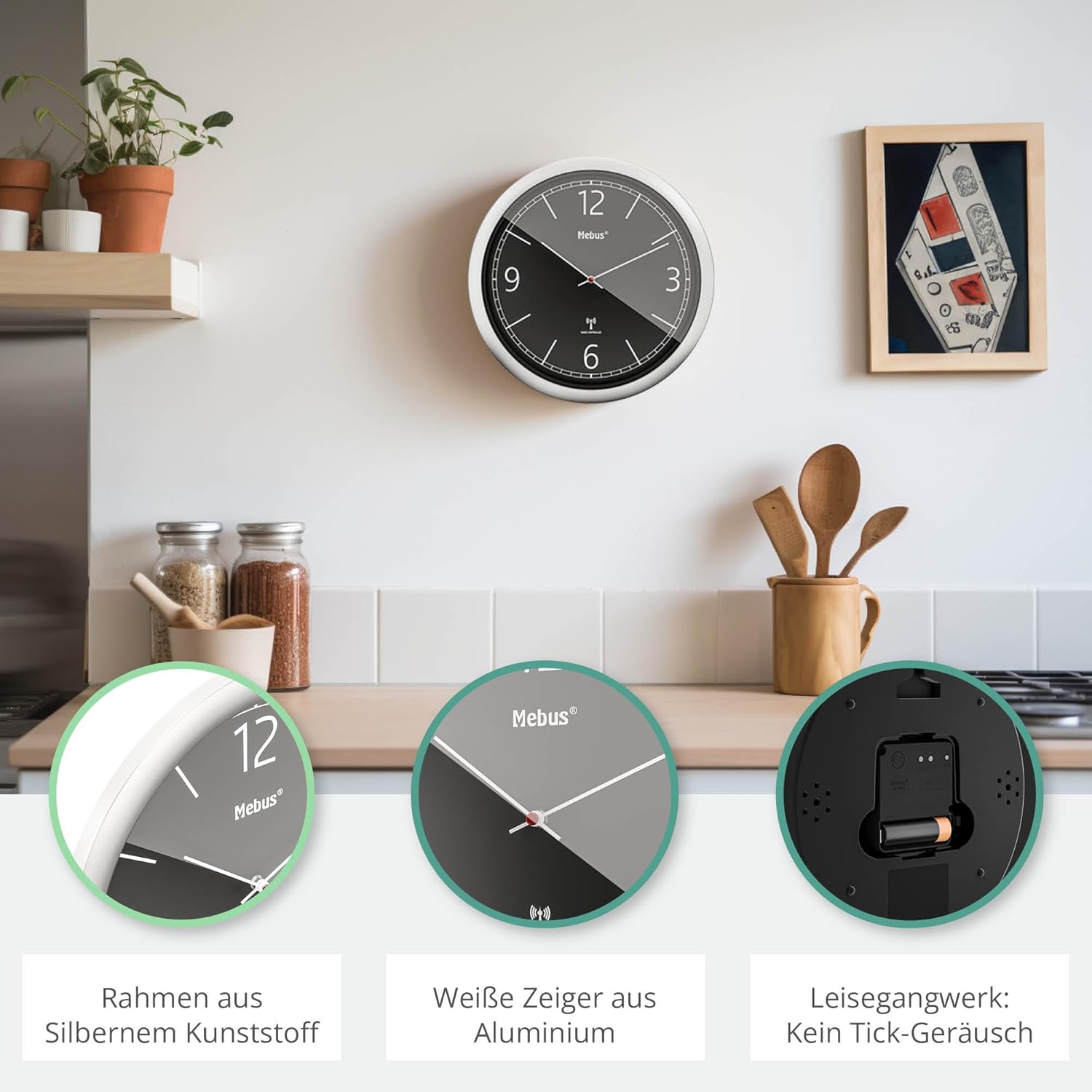 Mebus wall clock displayed in a kitchen setting, with close-up details of the silver plastic frame, white aluminum hands, and the silent movement mechanism on the back.
