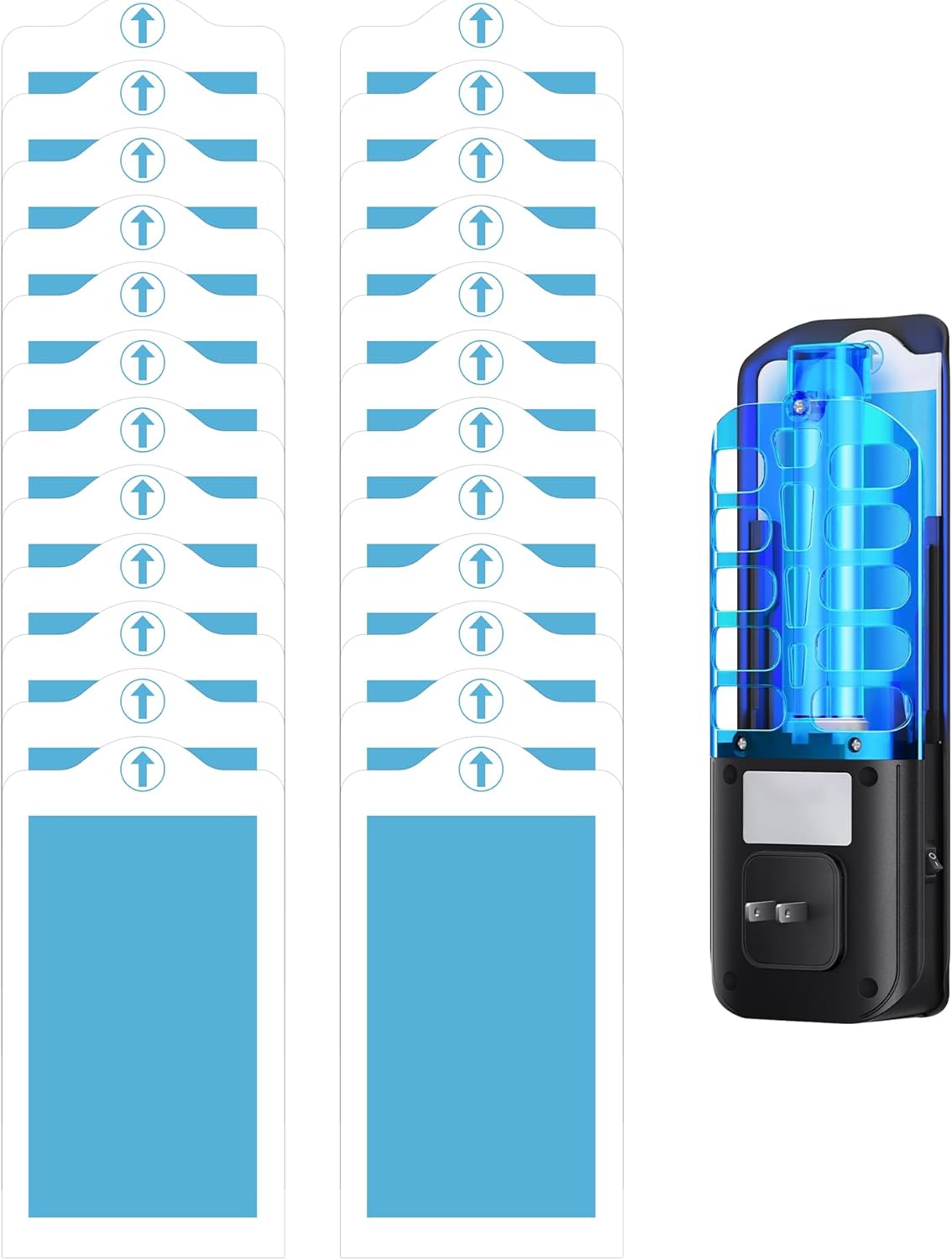 Dichroma 24-pack flying insect trap refills next to a compatible plug-in insect trap device.