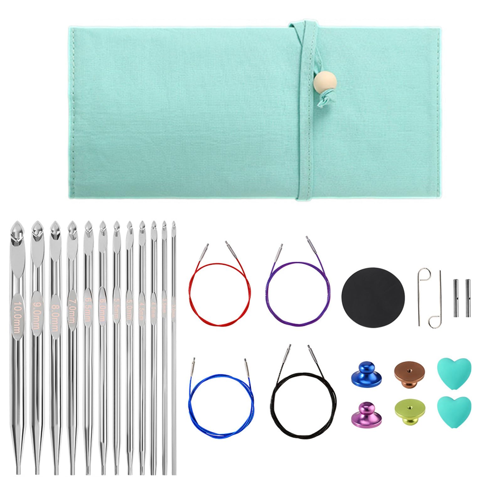 Austauschbares Garn Bastelwerkzeug Set mit 12 Metall Häkelnadeln, 4 abnehmbaren Kabeln und Tasche für die Handarbeit zu Hause, Häkelnadeln, abnehmbare Kabel, Metall Aufbewahrungstasche, Garn