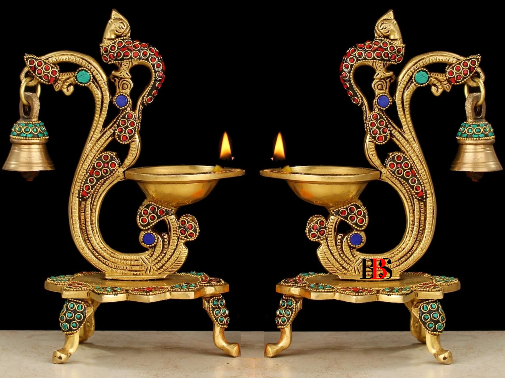 B.B.S Diya Brass Peacock Hanging with Stone Disinge Deepak Peacock Hanging with Table Standing Oil Lamp Brass Set of 2 Diya Peacock Hanging with Stone Disinge Diyas Home and Living Room Decoration