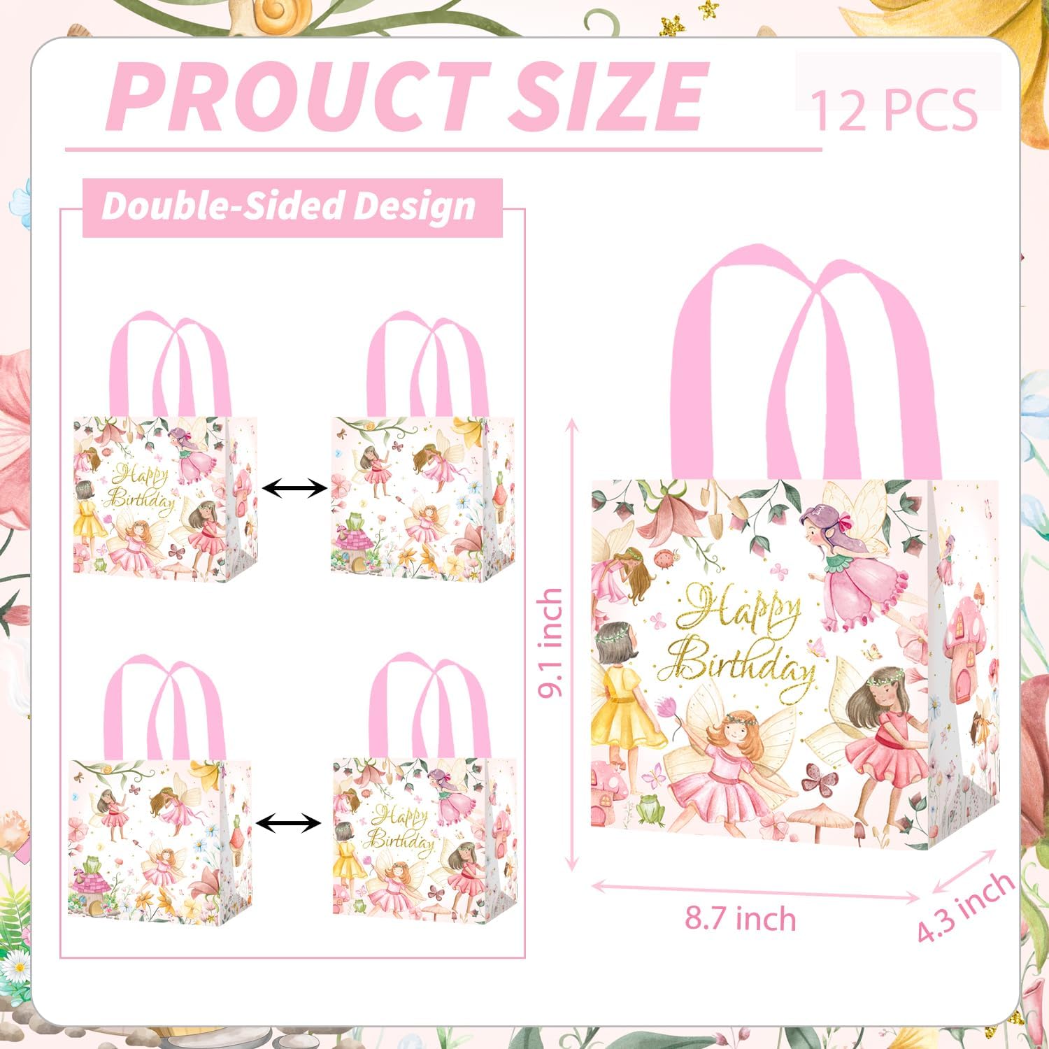 Fairy Birthday Favor Bags Fairy Party Supplies 12PCS Non-Woven Floral Fairies Handle Bags Decorations Fairy Garden Candy Goodie Bag for My Fairy First Birthday Baby Shower Decor - Image 2