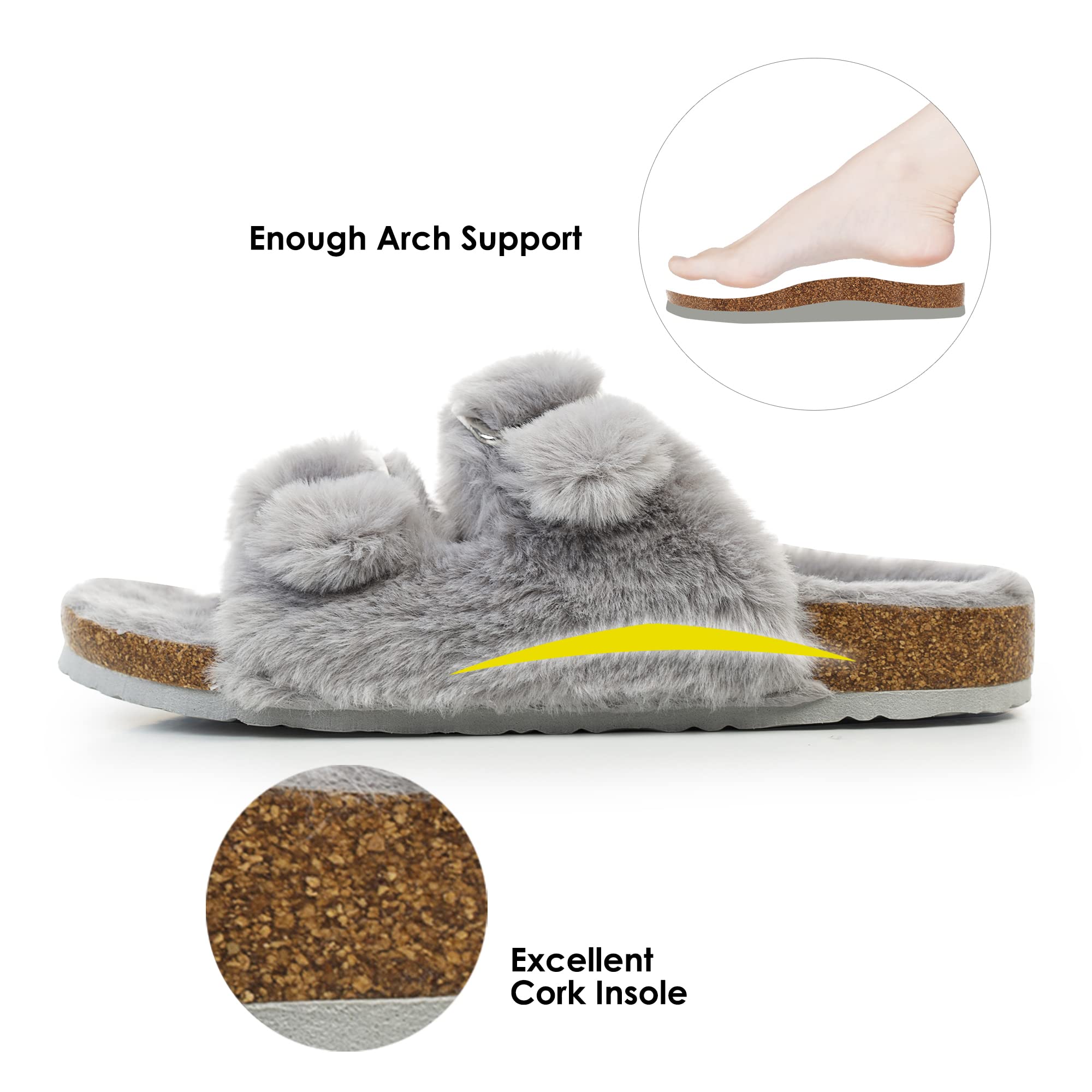 FITORY Womens Open Toe Slipper with Cozy Lining,Faux Rabbit Fur Cork Slide Sandals Size 6-11