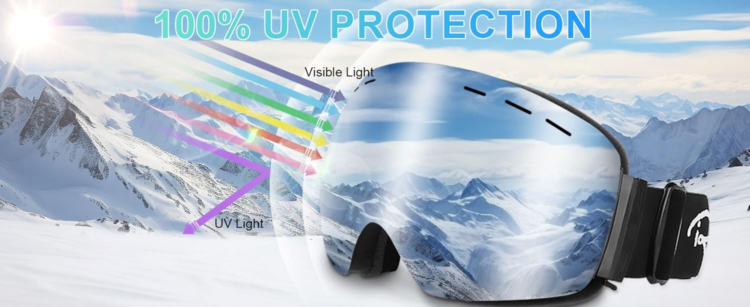 Ski/Snowboard Snow Goggles Magnetic OTG Dual Lens Anti-Fog UV400 Protection Men, Women, Youth