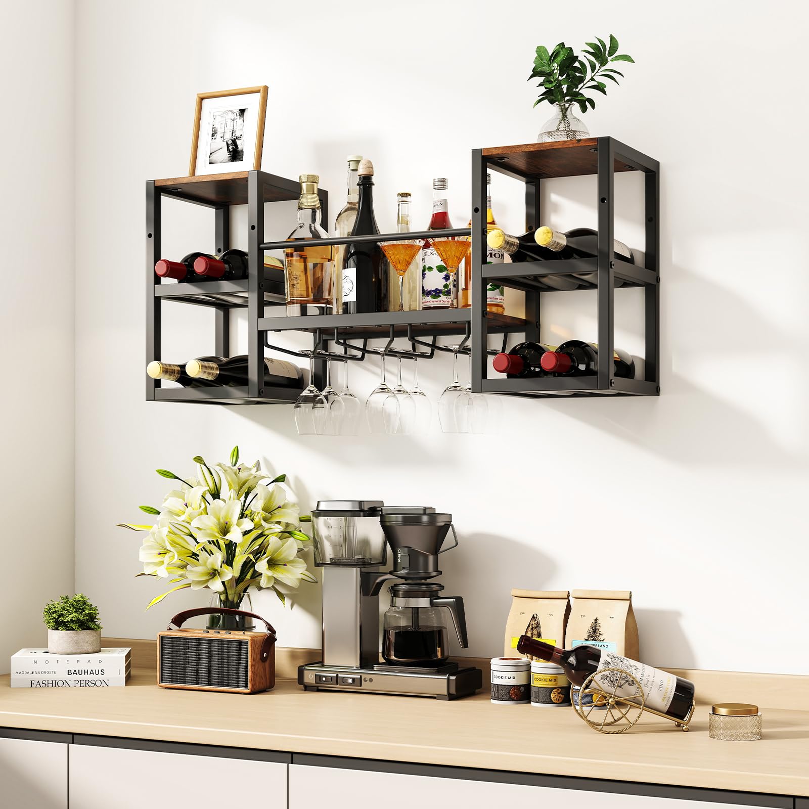 RELAX4LIFE Scaffale da Parete per Vini, Portabottiglie Sospeso con Portabicchieri, Ripiani Aperti, Struttura in Metallo, Stile Industriale, per Cucina, Bar, Sala da Pranzo, 89 x 25 x 40 cm