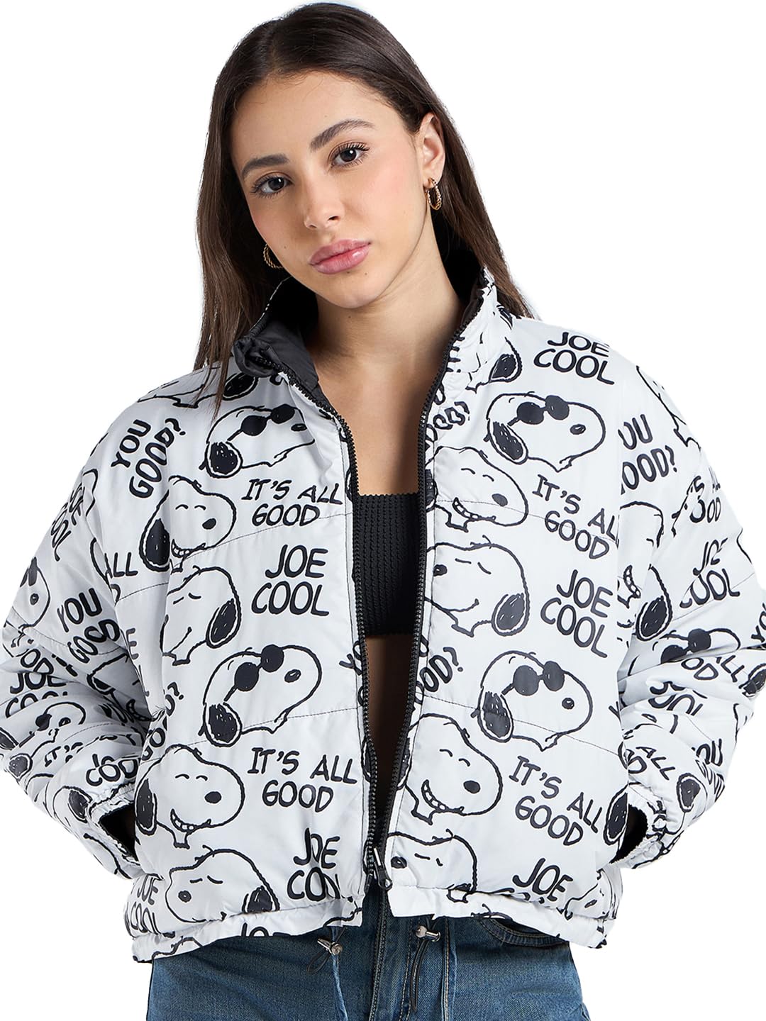 bewakoof X Peanuts Snoopy Women's Nylon Oversized Fit High Neck Puffer Jacket | Jacket for Women Winter Wear-picture-31