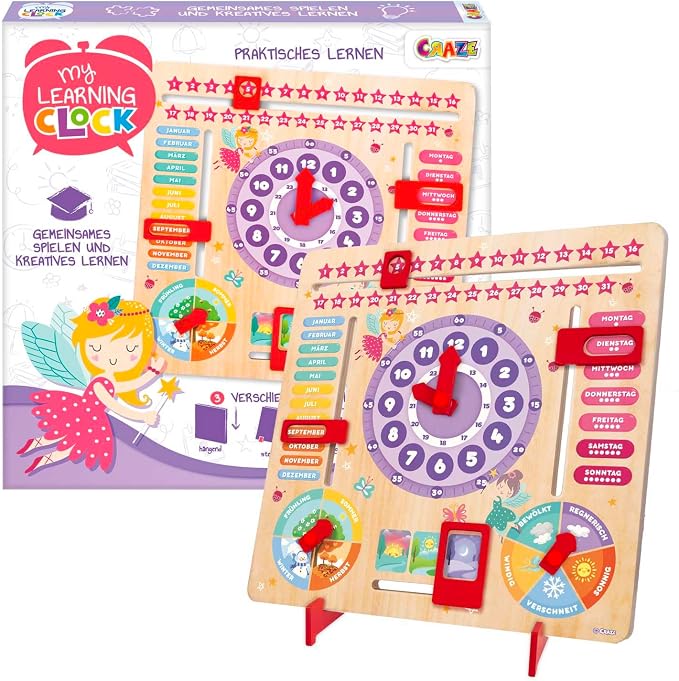 Craze My Learning Clock Princess - Reloj de Aprendizaje para niños, de Madera, Calendario de Aprendizaje para niños, Pizarra de Aprendizaje, Reloj de Pared, Color Morado