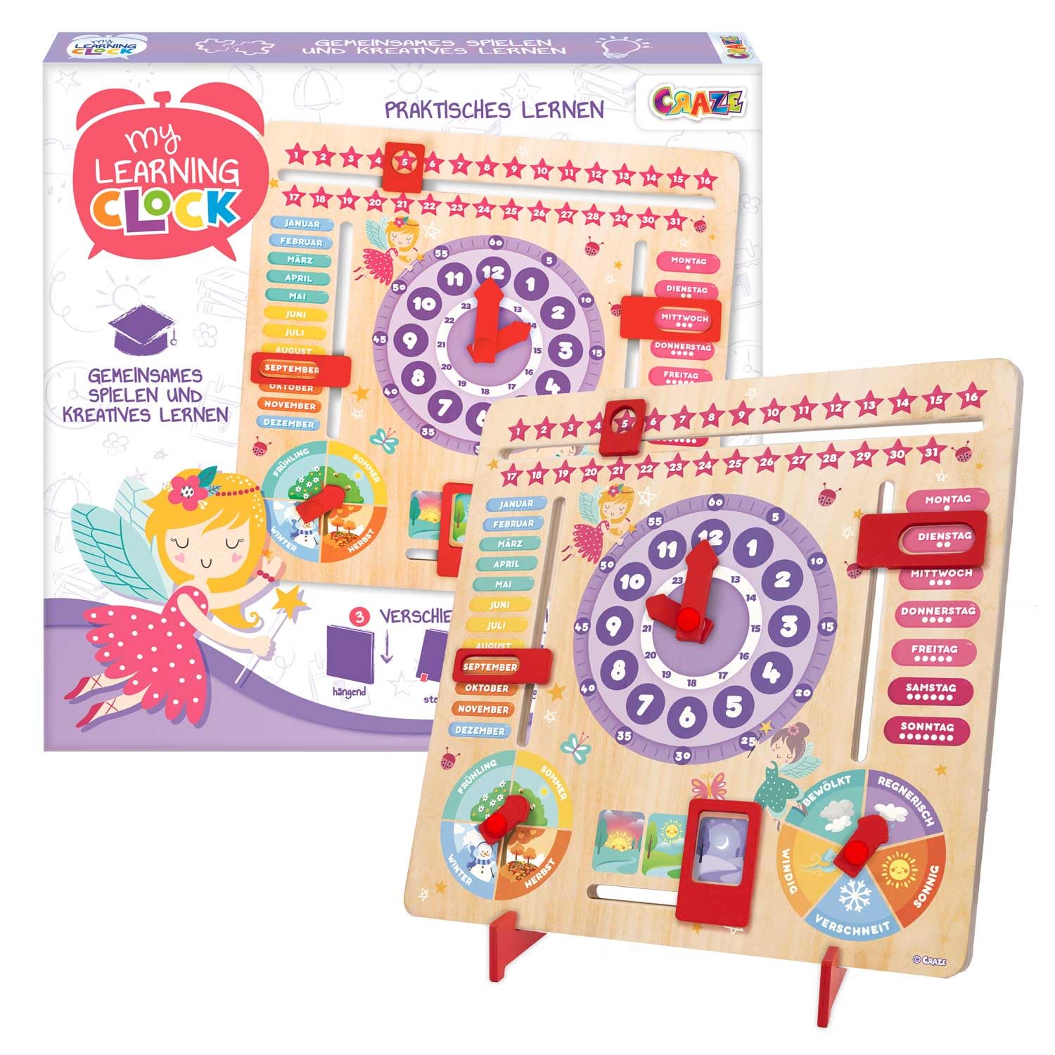 CRAZE My Learning Clock Princess - Lernuhr für Kinder aus Holz, Kalenderuhr zum Lernen für Kinder, Lerntafel Uhr Jahreszeiten Wanduhr, Lila