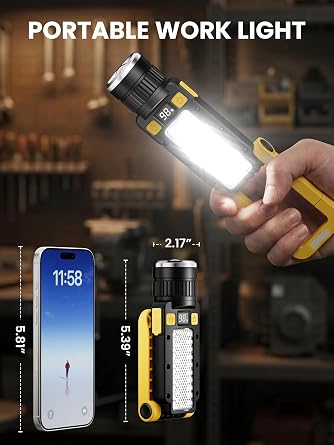 Rechargeable LED Work Light, Magnetic COB Flashlight with Hook & Clamp, 7 Modes Portable Work Lamp with Battery Display for Car Repair, Camping, Emergency