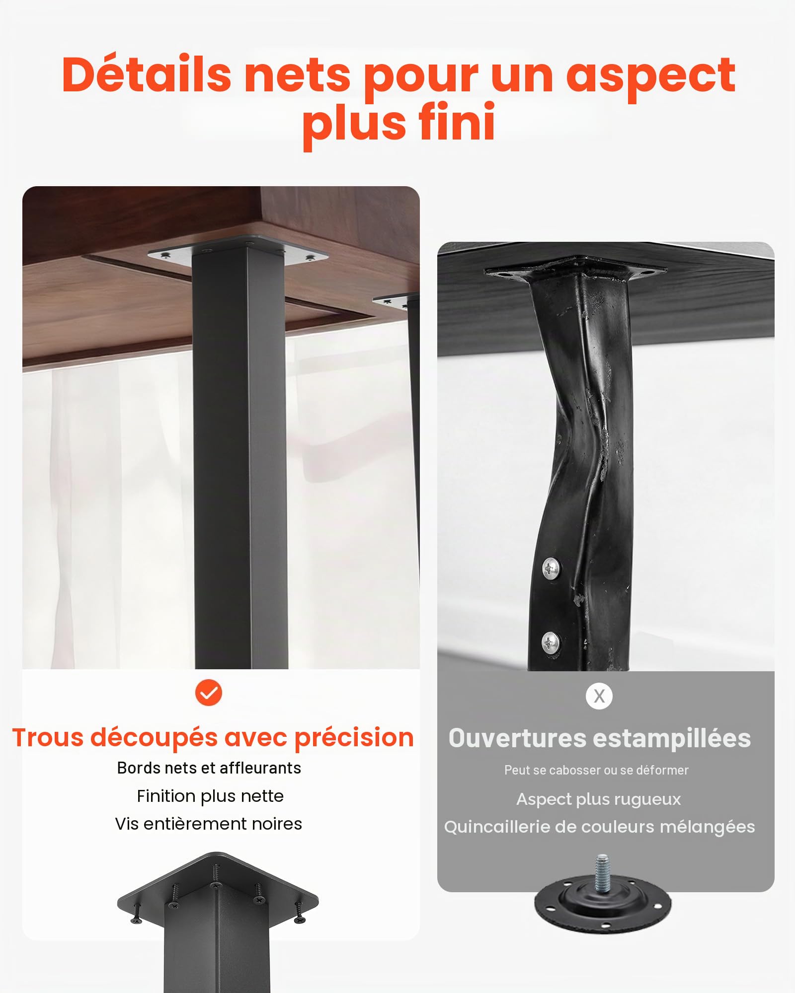 VEVOR Pieds de Table Réglables en Hauteur 610-1016 mm Lot de 4, Pieds de Bureau, Tubes Carrés en Acier au Carbone, Charge Max. 544 kg pour Bureau, Table à Manger, Établi et Table de Bar, DIY, Noir