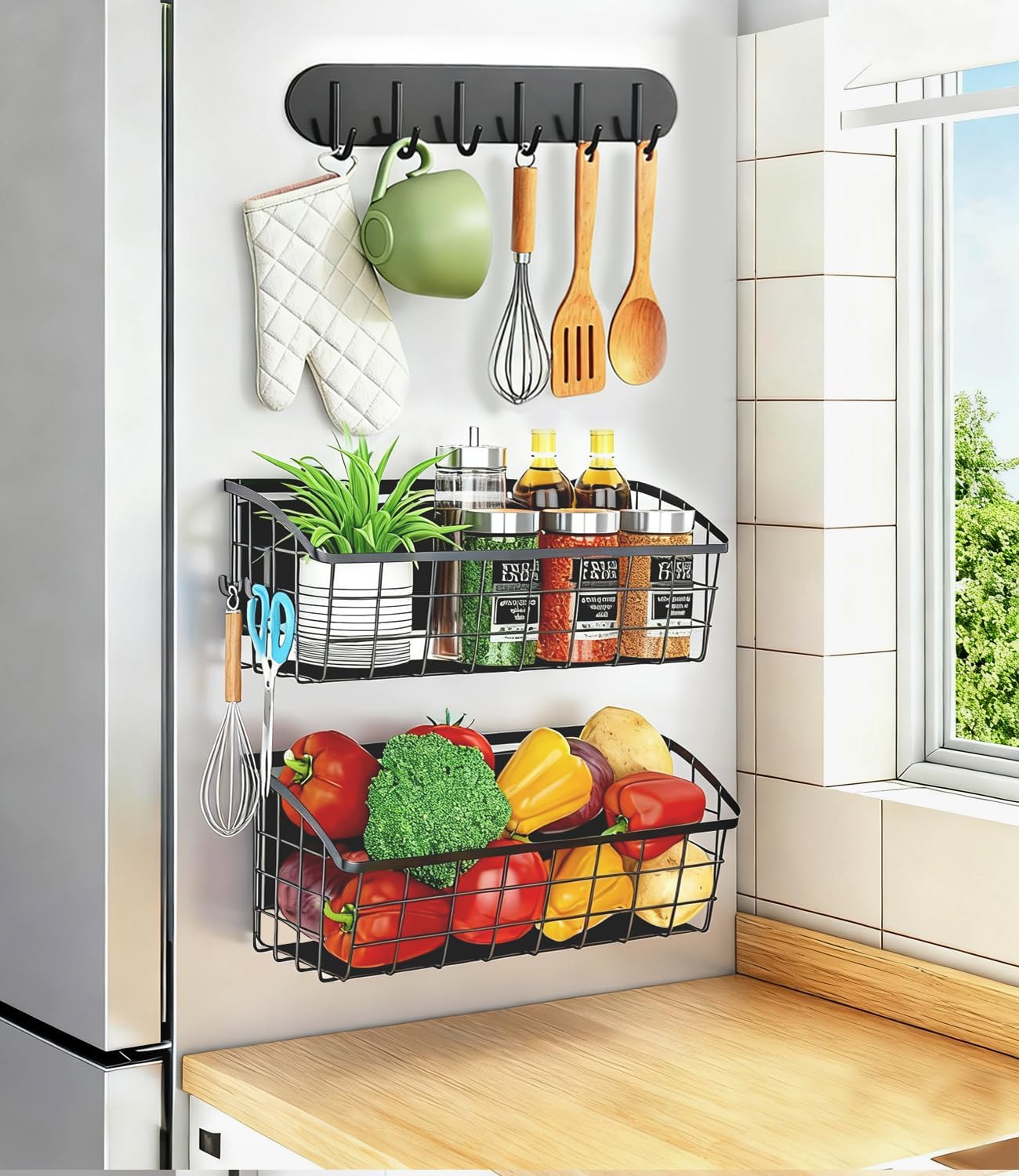 2Pack Magnetic Shelf for Refrigerator, with 2 Moveable Hooks and 1 Hook Rack, Magnetic Fridge Shelf, Fruit Potato Onion Storage Shelves, Large Magnetic Spice Rack Organizer for Fridge, Oven, Laundry