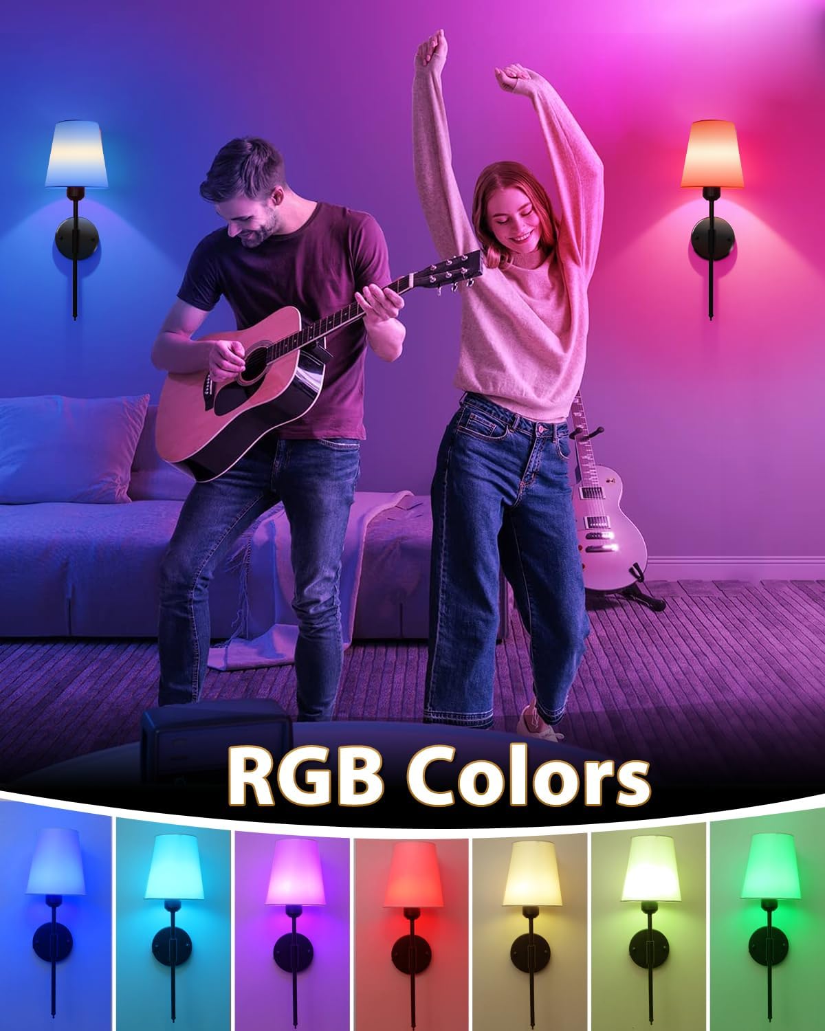 Adetu Battery Operated Wall Sconce Set of 2, Gold Wireless Battery Wall Lights with 10000mAh RGB Dimmable Magnetic Bulbs and Remote Control, Rechargeable Wall Sconce for Bedroom Living Room Hallway