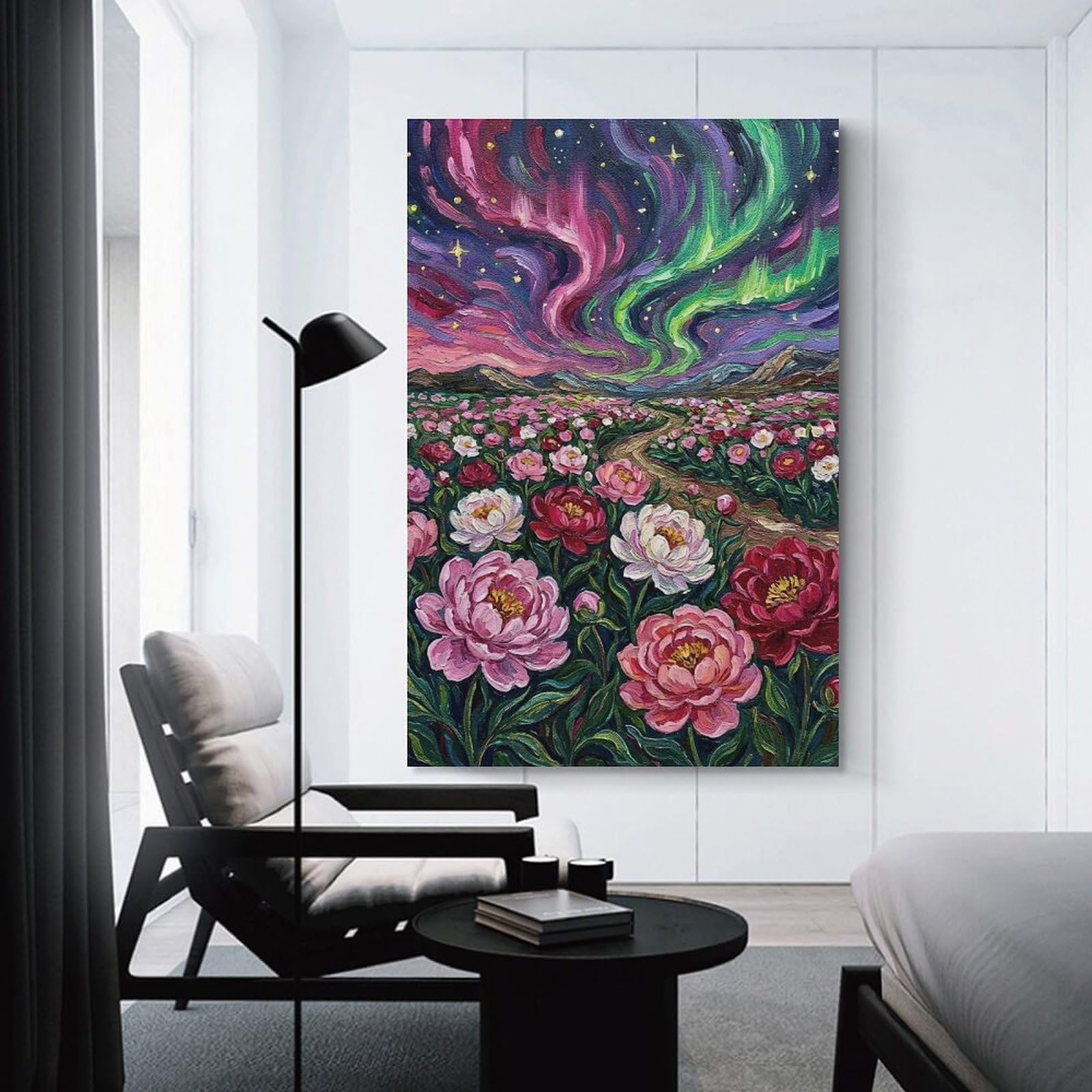 Junmoney Aurora Borealis over Peony Field Painting Canvas Art Print 20x30inch(50x75cm), for Front Hall, Corridor Or Welcome Spaces, Home Artwork for First Impressions
