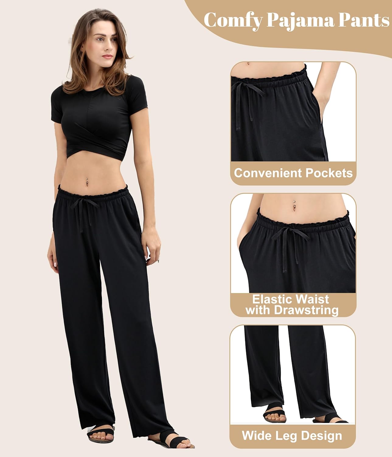 ANLIQI Women Pajama Pants Bamboo Rayon Comfy Lounge Pants Drawstring Pj Bottoms Loose Wide Leg Yoga Sweatpants with Pockets - Image 4