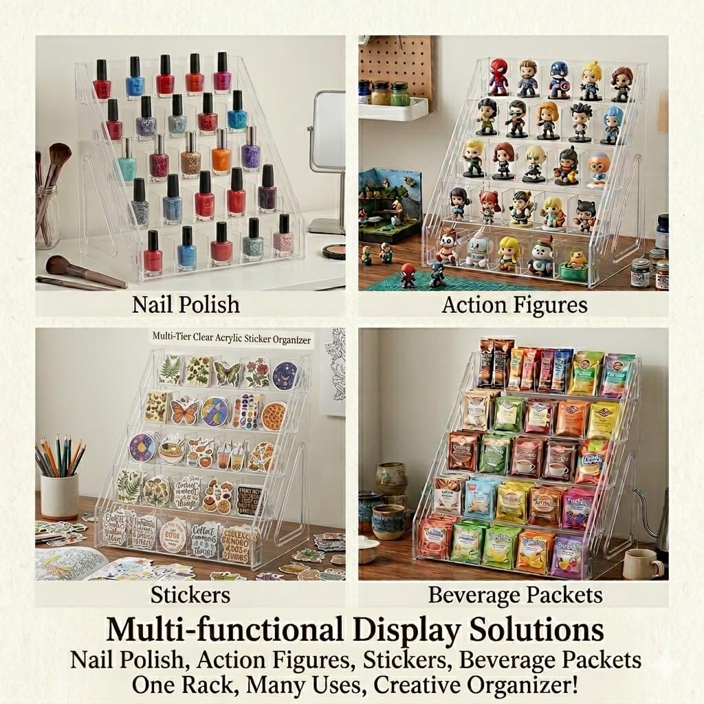 5 Tier Bookmark Display Stand with 25 Pockets, Clear Vendor Display Rack for Bookmarks, Stickers, Greeting Cards, Business Cards, Portable Countertop Organizer for Craft Fairs, Retail Stores, Vendors