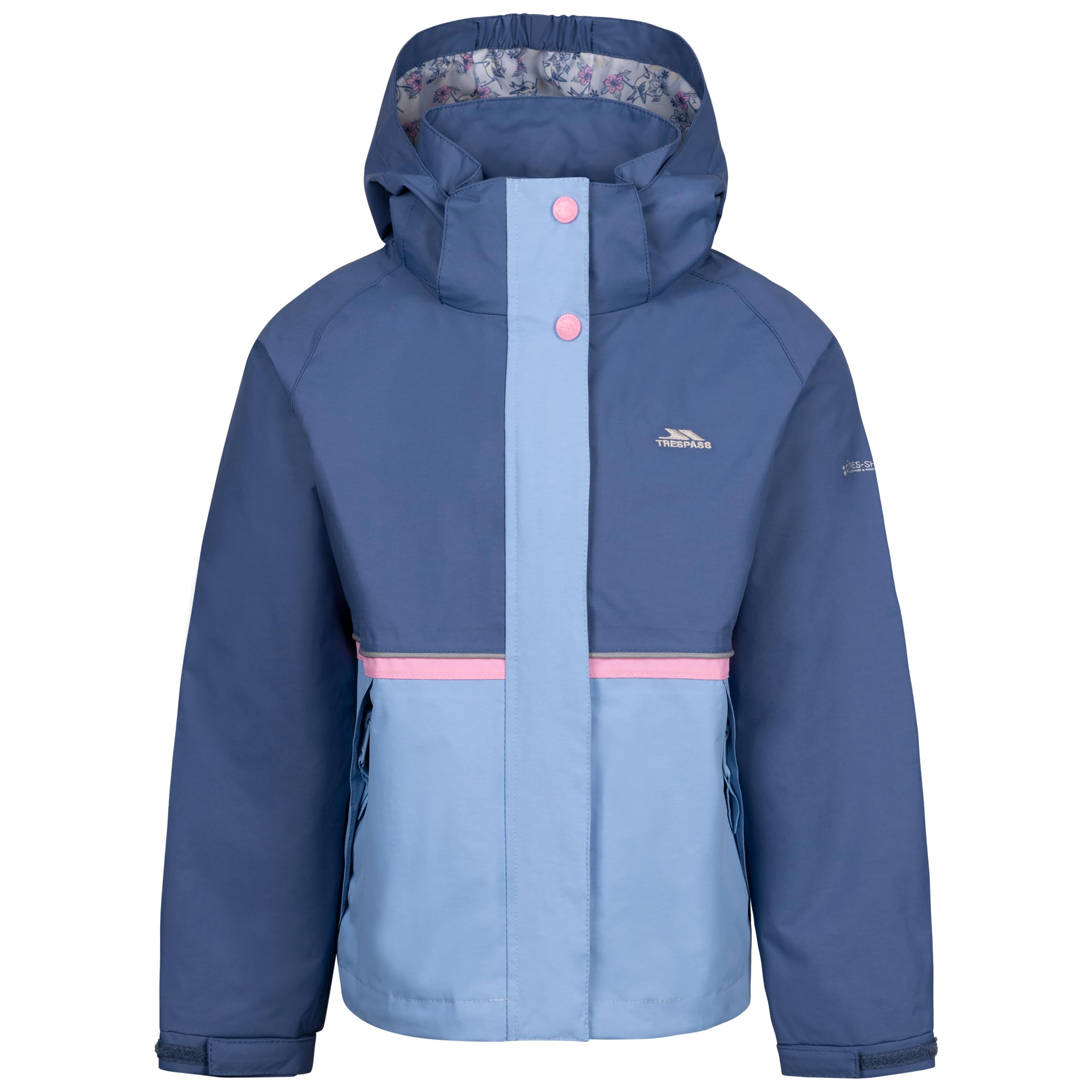 Trespass Kurtka dziewczęca Allora - wodoodporna, bez wyściółki, 2 kieszenie na zamek błyskawiczny, regulowane mankiety, odpinany kaptur, podszewka z nadrukiem, powłoka poliamidowa, podszewka