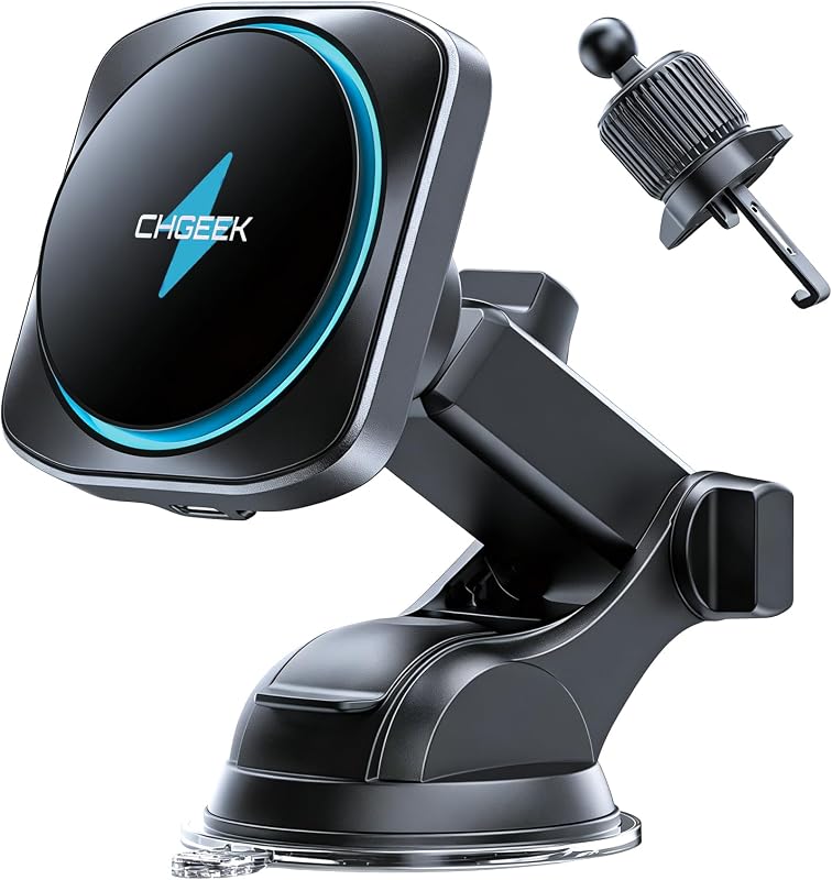 Chgeek para cargador de montaje en automóvil MagSafe [carga rápida de 15 W y magnético de 2400 gf] | Soporte de teléfono para auto ajustable de 360° con ventilador de refrigeración, cargador de auto inalámbrico magnético para iPhone 17 16 15 14 13 12 Pro Max Plus