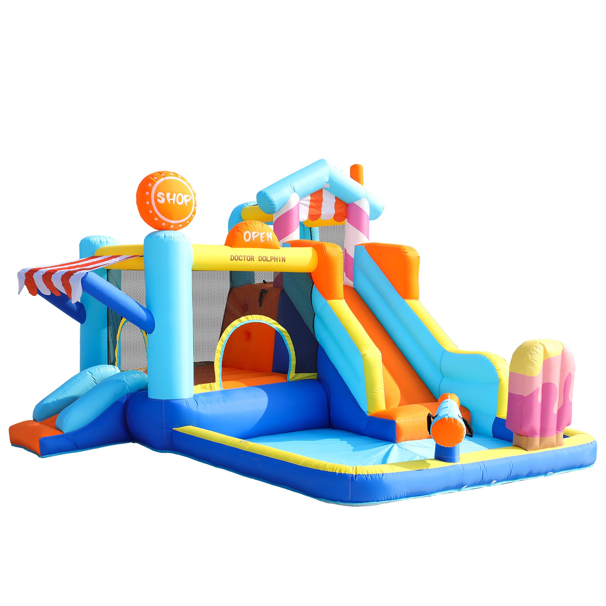 Castillo Inflable para Niños con Soplador, Parque Acuático Multifunción al Aire Libre con Tobogán, Trampolín, Fuente, Pistolas de Agua, Toldo para Tienda, Soplador de 450 W