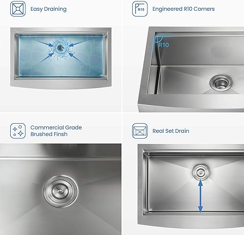Miniatura 10 de KIBI K1-SF33T - Delantal de cocina de acero inoxidable para estación de trabajo de cocina de un solo tazón, delantal frontal de 33 pulgadas con