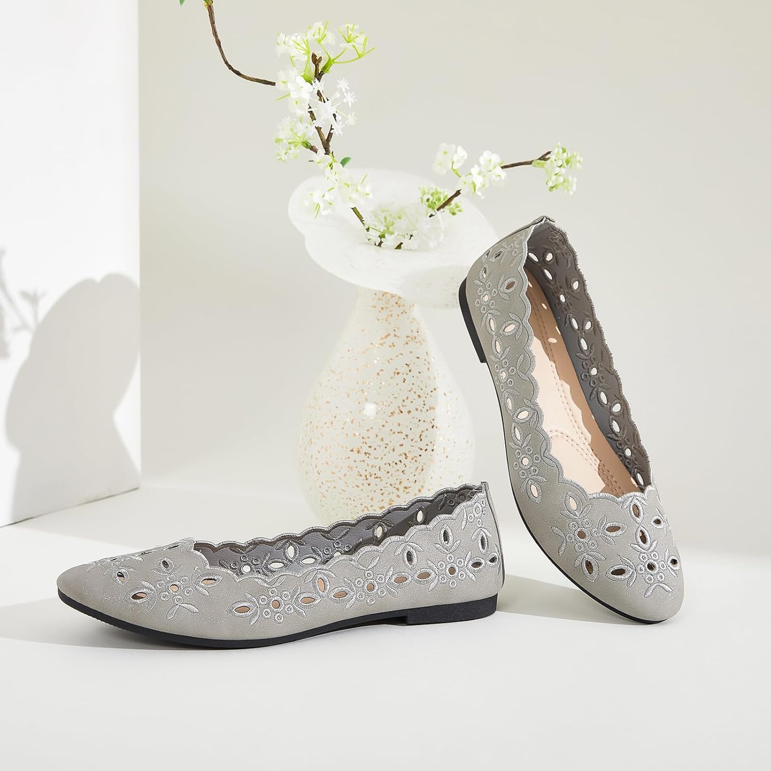 Shupua Women's Comfortable Dress Shoes Ballet Flats Slip On Shoes Black Flats Round Toe PU Leather Flats Summer with Floral Eyelets - Image 3