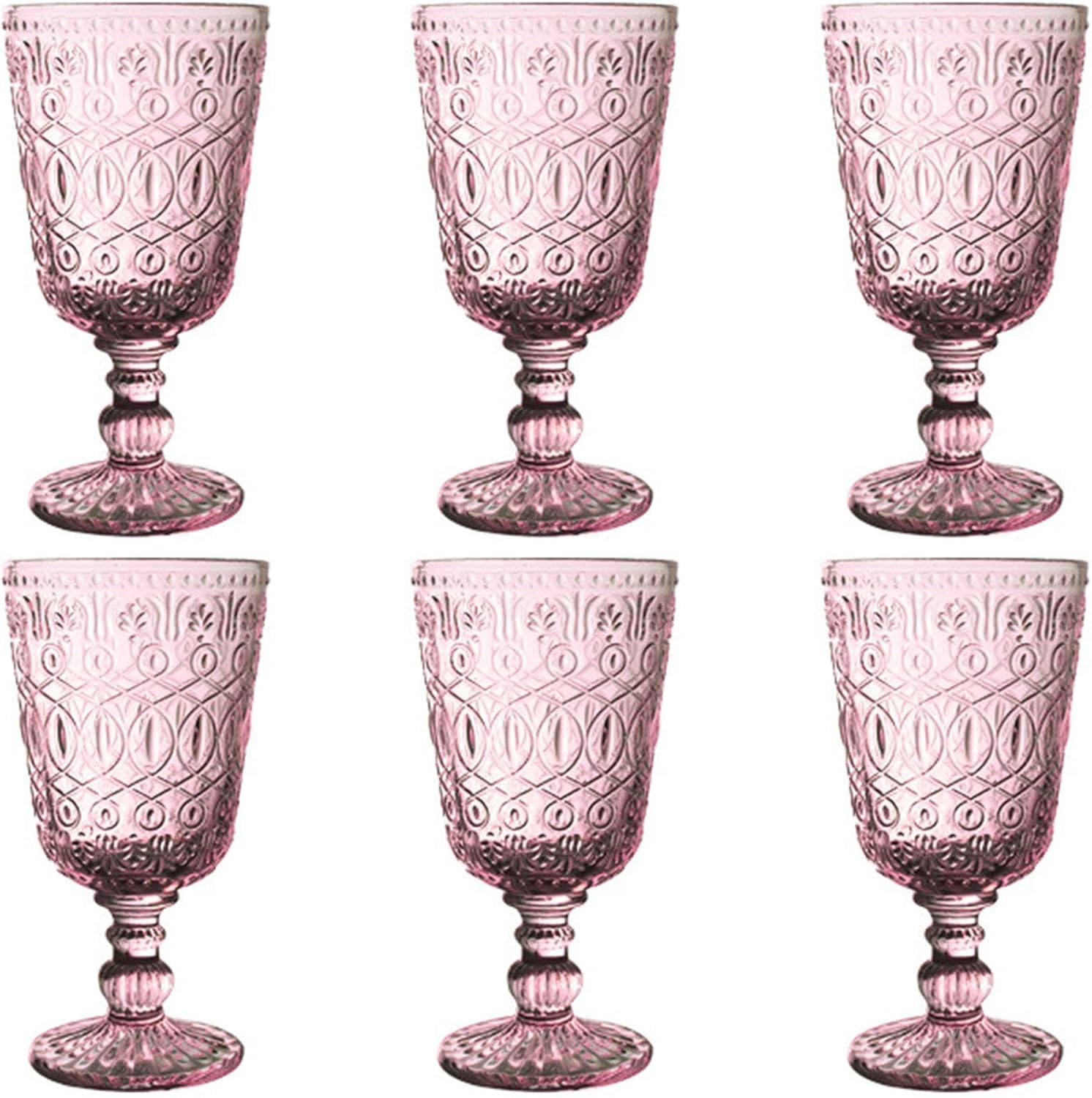Vintage Glassware Purple Water Goblets Drinking Colored Wine Glasses set of 6 Pink Embossed Drinkware Stemware 10 oz for Wedding Party Bar Christmas