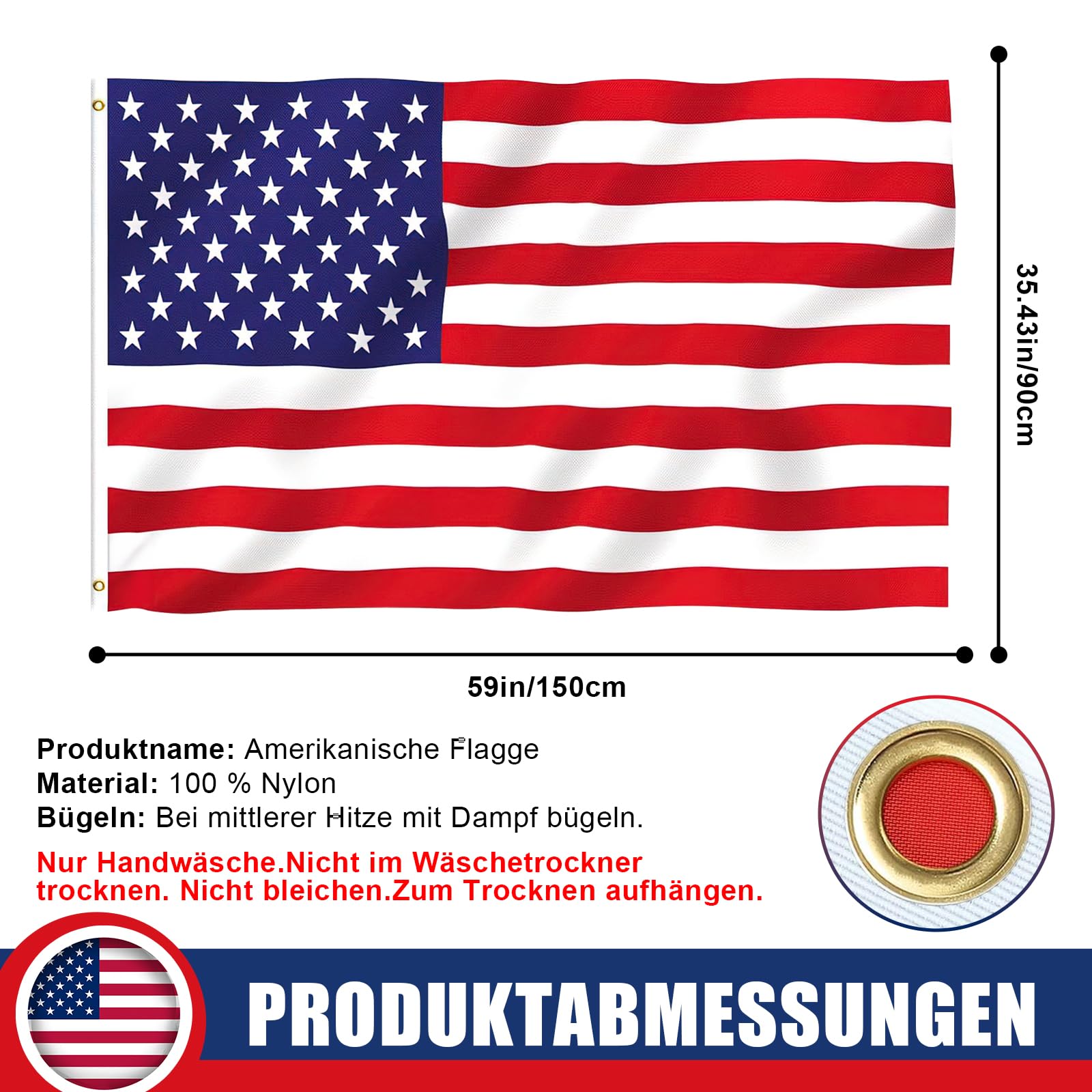 Flaga amerykańska • Flaga USA klasy premium, 90 x 150 cm, z mosiężnymi oczkami, do użytku wewnątrz i na zewnątrz, odporna na warunki atmosferyczne i 100% poliester – idealna dla wszystkich miłośników