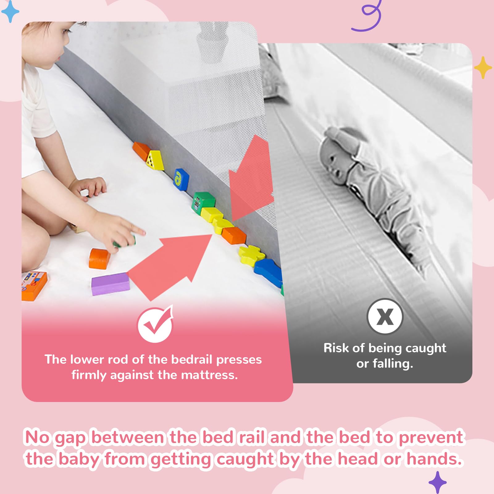 Sponda Letto Bambini 150 cm, Griglia di protezione per letto per bambini, griglia per il sollevamento verticale, Protezione da Caduta, Altezza Regolabile, per Letto di Famiglia e Lettino