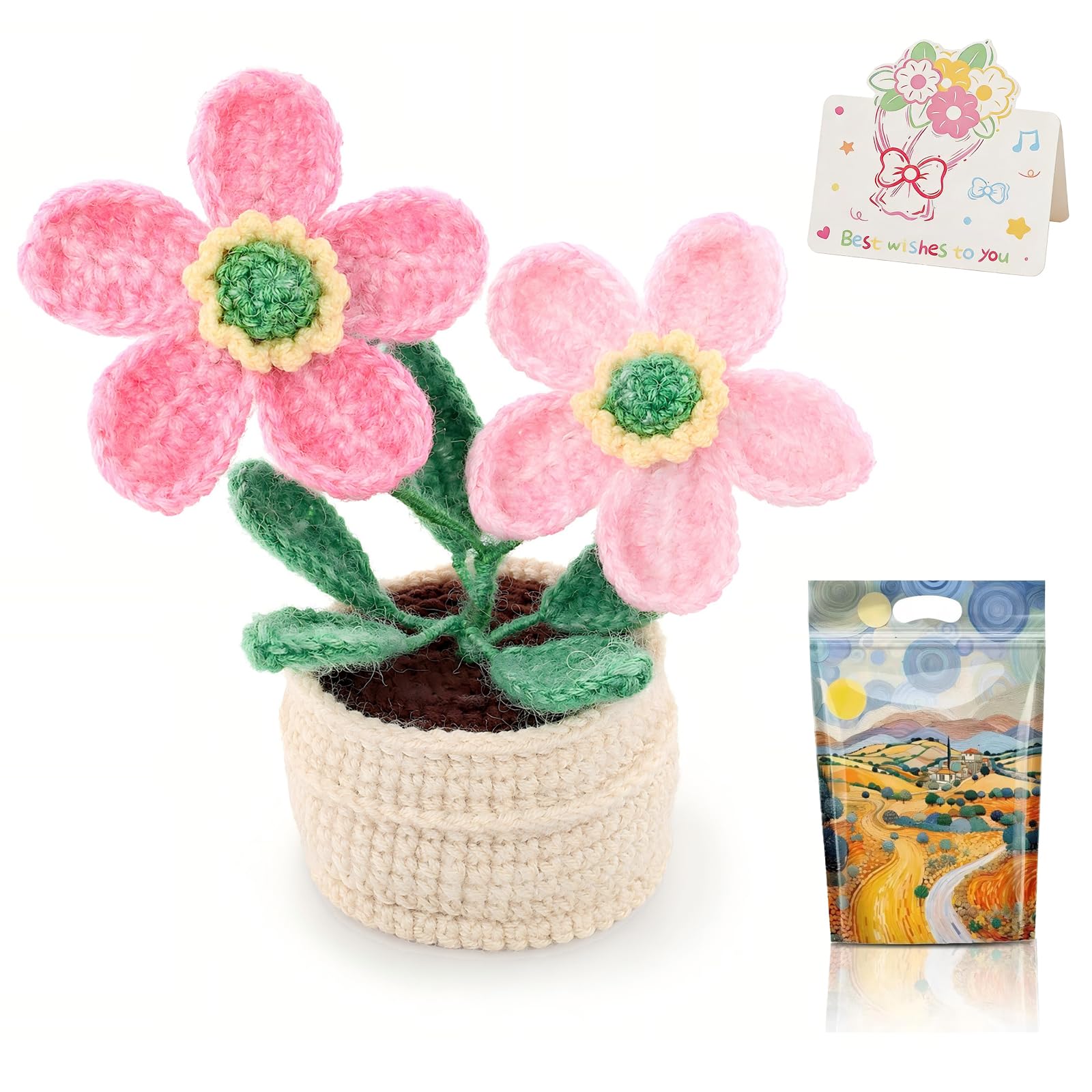 Hand-Made Crochet Wild Rose with Greeting Card and Handled Gift Bag, Spring Artificial Flowers for Mothers Day Appreciation Gifts for Family Girl Friend Other Half(Gradient Pink)
