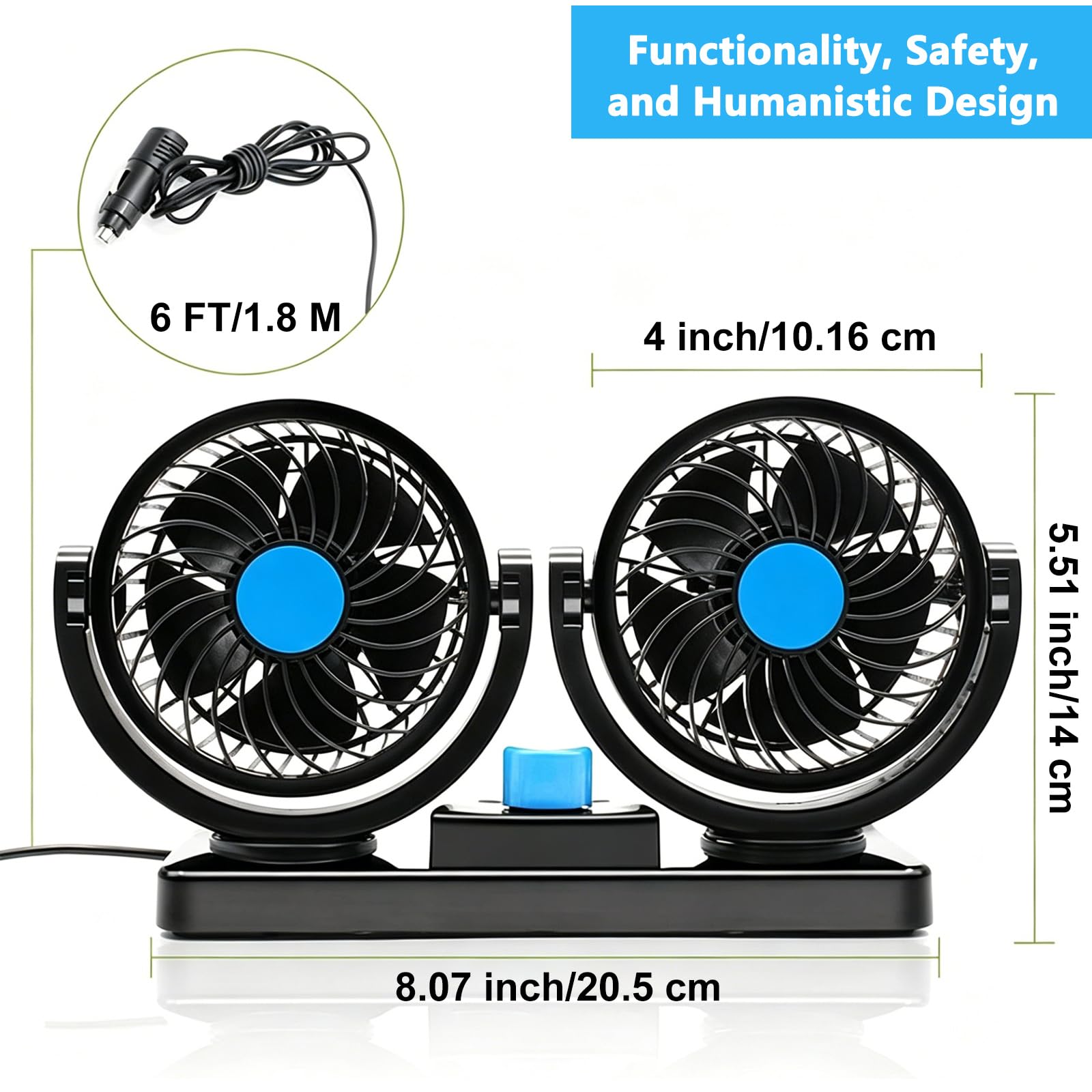 Ventiladores para Coche, Car Fans de Cabeza Doble 12V, 2 Velocidades, Rotación 360°, Ventilador Eléctrico 4" Silencioso para Camiones, Barcos, SUV, RV - Enfriamiento para el Verano