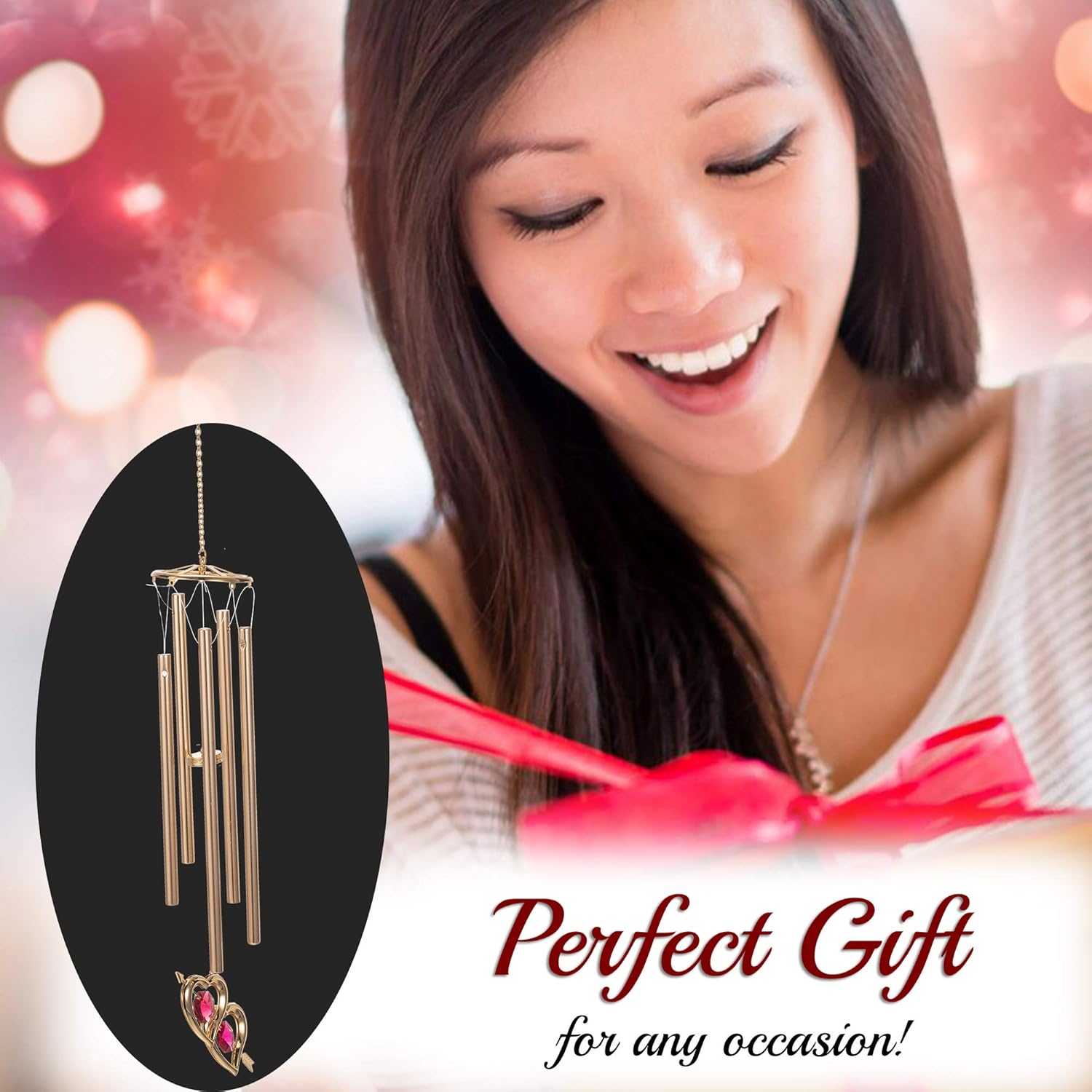 Matashi 24K Gold Plated Double Heart with Arrow Wind Chime with Crystals – Love Gift for Girlfriend, Mother’s Day, Valentine’s, Birthday, Wedding, Anniversary, Home Decor - Gift for Her, Mom, Wife