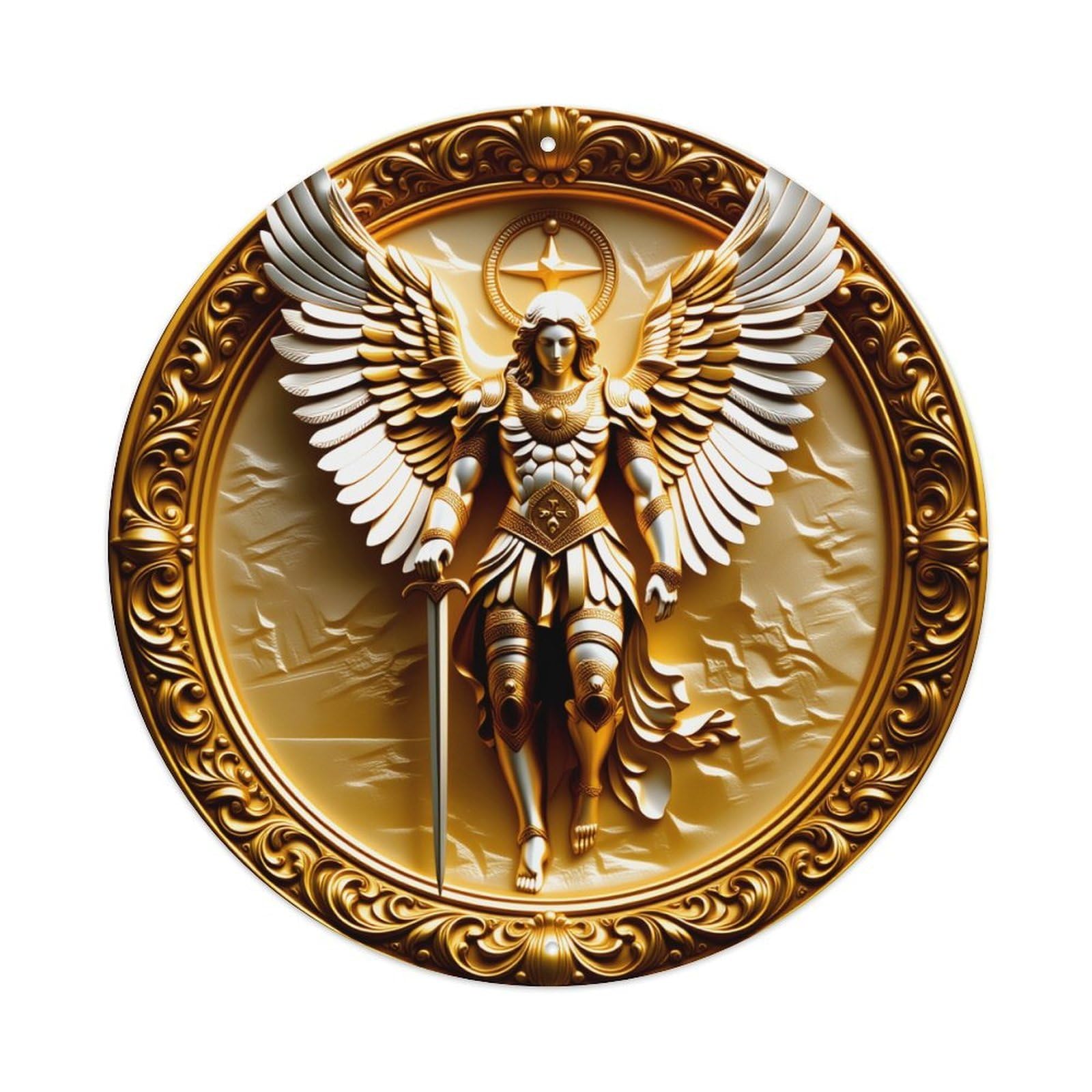 Golden Angel With Wings And Sword In Circular Art Round Vintage Tin Sign,Retro Wall Art,Metal Poster for Home, Bar, Garage, Cafe, Rustic Indoor & Outdoor Decor, 8x8 Inches