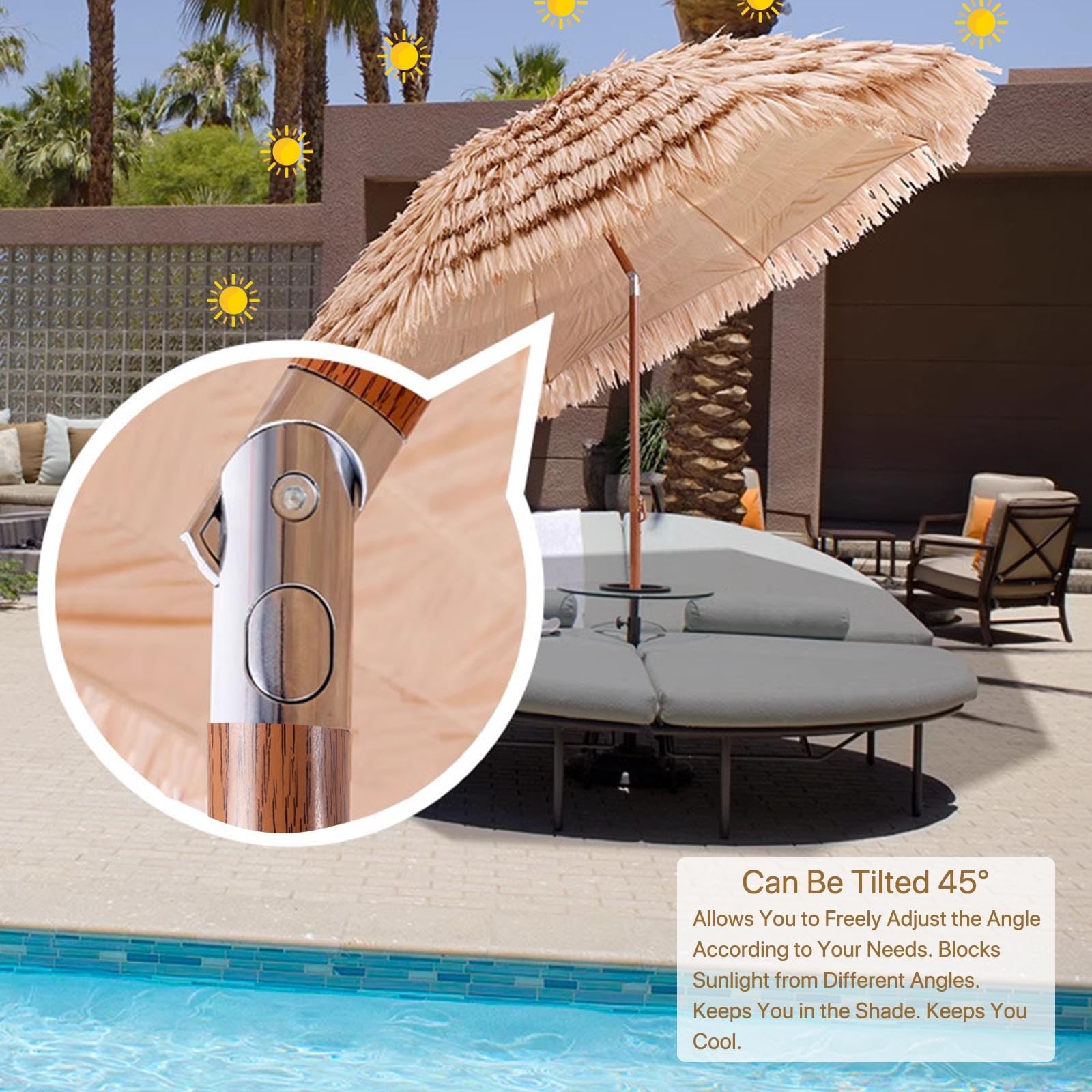 Przenośny hawajski parasol plażowy Tiki, 1,8 m, regulacja wysokości, ochrona przed promieniowaniem UV, do piasku, patio, basenu, do użytku na zewnątrz, z torbą do przenoszenia