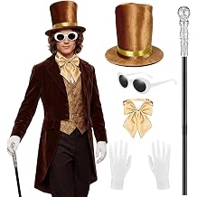 Halloween Chocolate Factory Costume, Chocolate Top Hat Accessories Set 5 Pcs Hat Sunglasses Scepter Bowtie Gloves for Adult Men Women Magic Movie Character Dress Up Parade Cosplay Dance Recitals