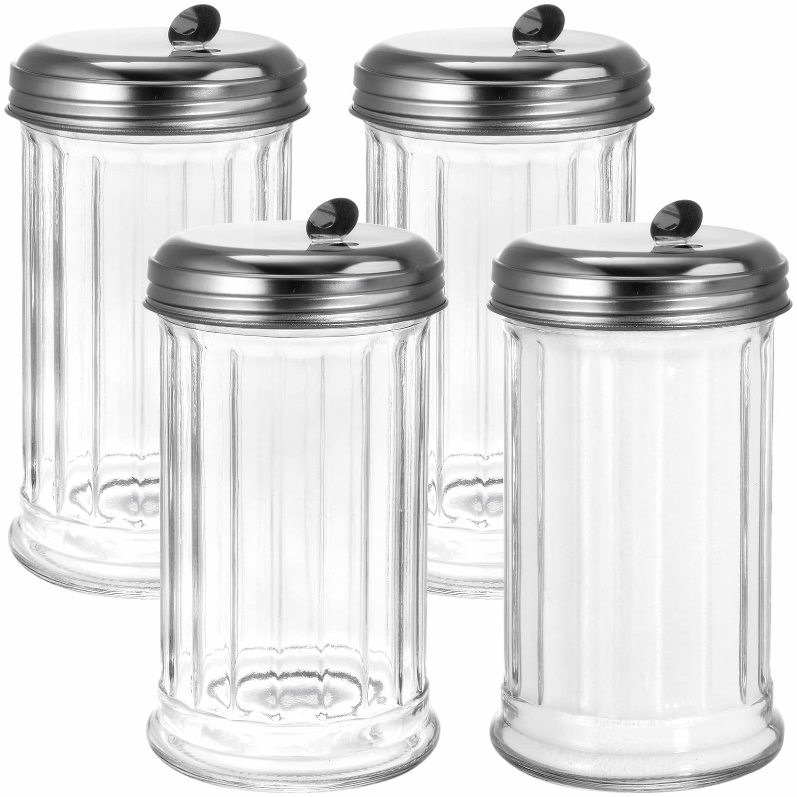 tebery 4 pack sugar shaker dispenser airtight 12 oz thick glass sugar pourer container with pour flap lid powdered creamer spice dispenser for coffee bar salt pepper retro style