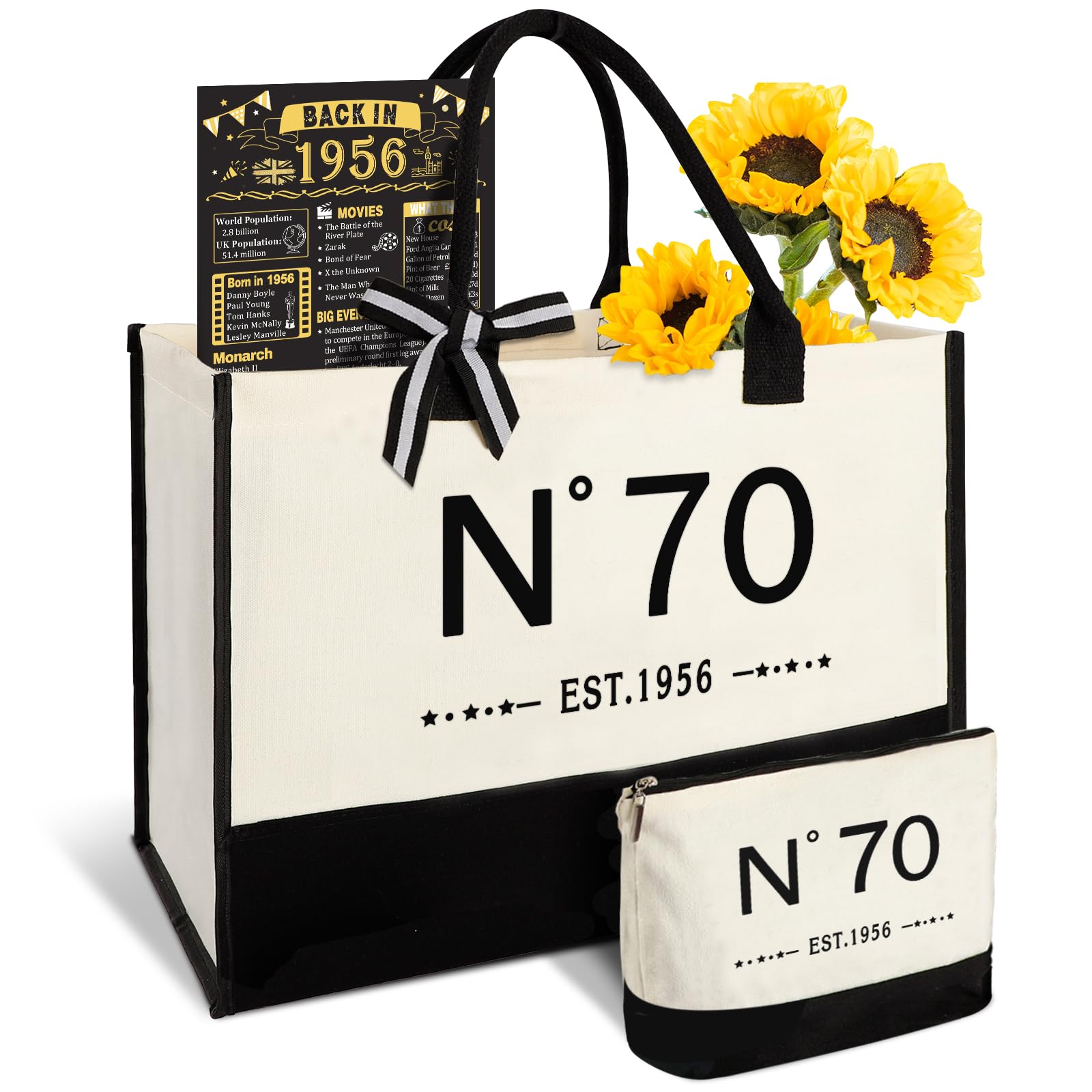 Amosking 70th Birthday Gifts for Women Canvas Tote Bag Travel Gear, Unique 70 Years Old Birthday Gifts for Her Mum Wife Aunt Friends, Vintage N70 Handbag & Cosmetic Bag & Back in 1956 Poster โ image 1