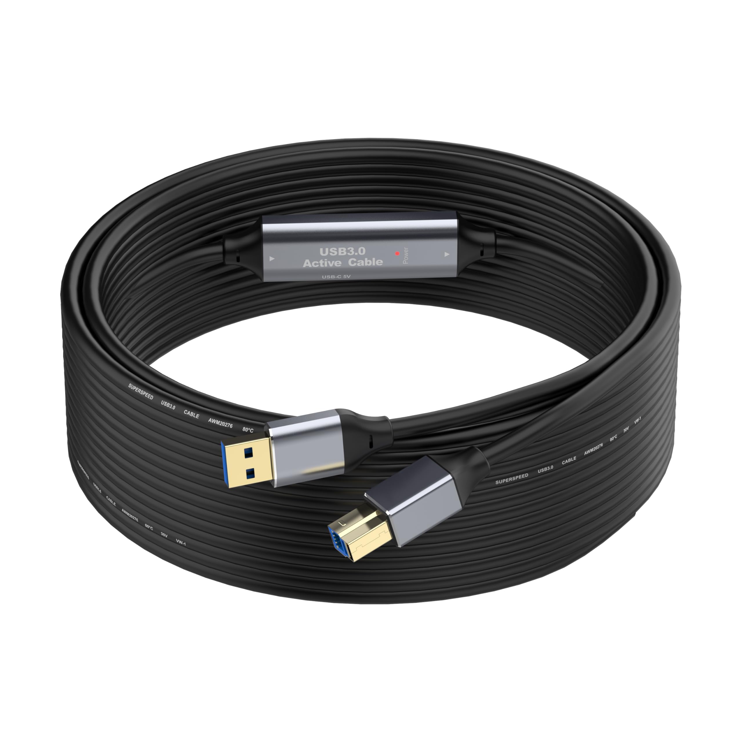 15,24 m kabel USB 3.0 do drukarki, kabel USB A do B, 5 Gbps wysoka prędkość z 2 wzmacniaczami sygnału i zasilaczem USB dla drukarzy, skanerów, stacji dokujących, zewnętrznych dysków twardych