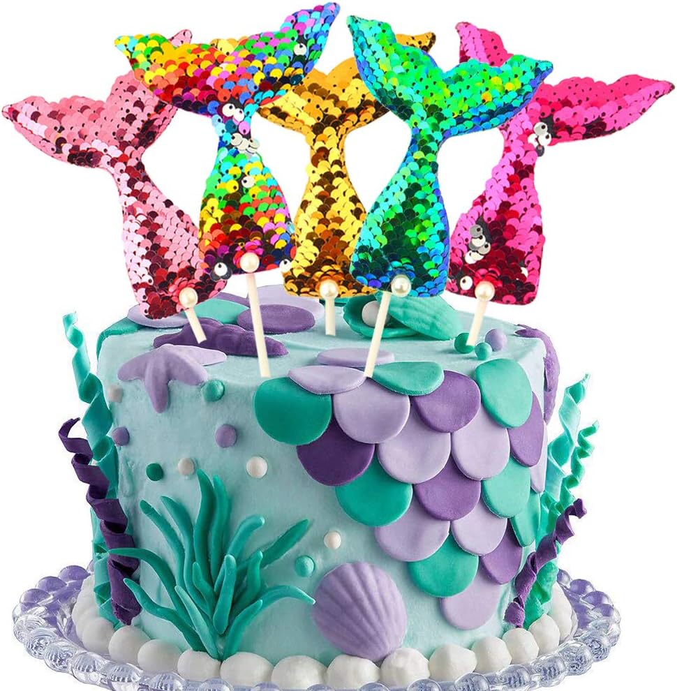 Mermaid Tail Cake Toppers Set Reusable Sequin Reversible Mermaid Cake Decoration Novelty Party Supplies for Baby Shower, Bridal Shower, Wedding and Birthday Party(Set of 5)