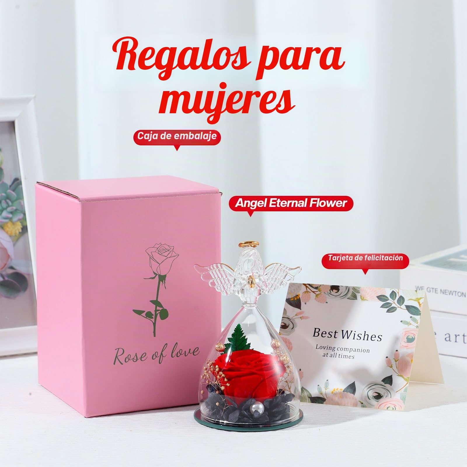 Regalos de Angel Rosa Eterno para Mujeres, Regalos Originales para Madres, Rosas Preservadas en Figuras de Angel de Vidrio, Angeles de Flores para Mamá, Abuela, Esposa, Hermana, Novia (Rojo)